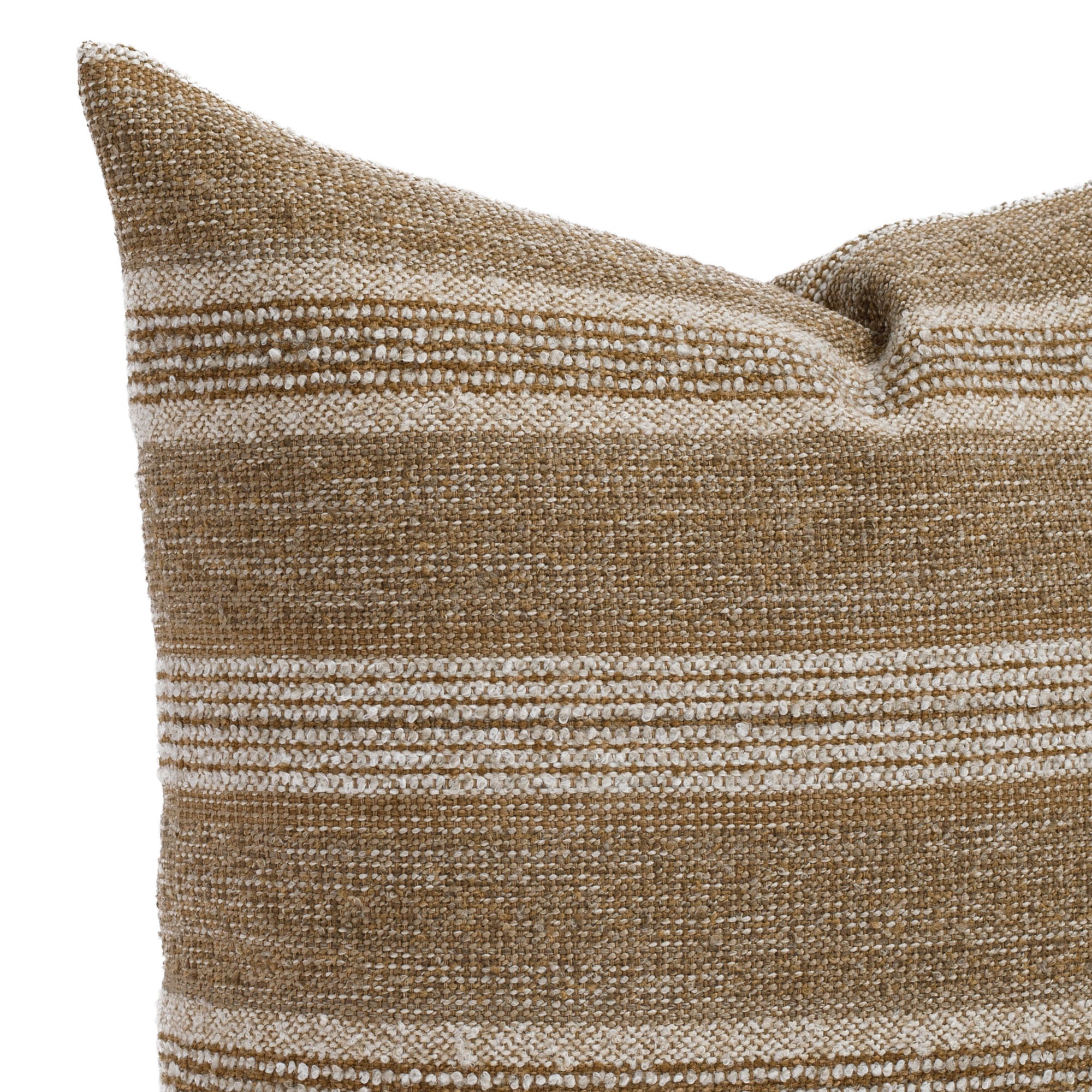 Acadia Cinnamon, a nutty brown and oatmeal striped throw pillow from Tonic Living: close up view.