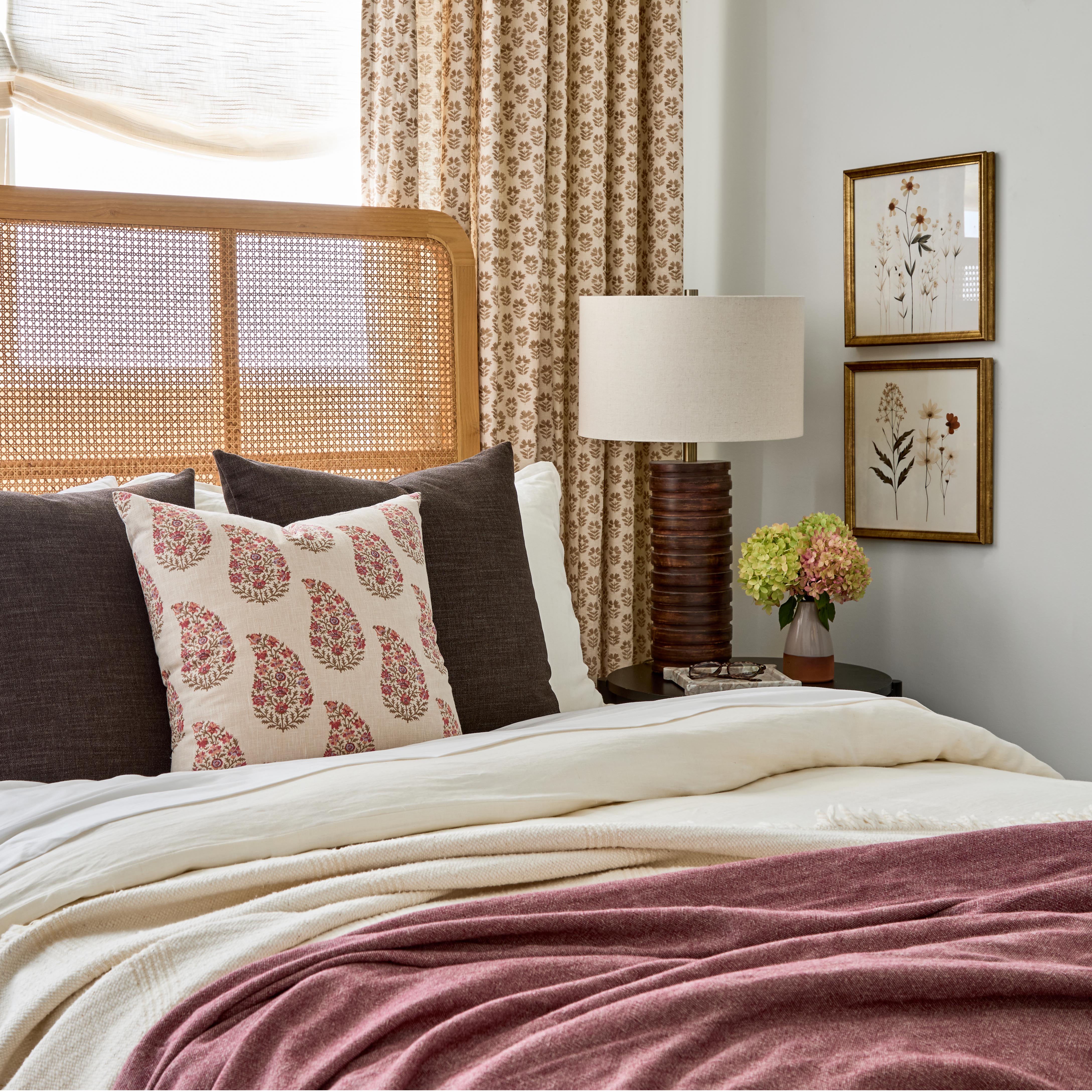 Bedroom styled with Alba Cranberry throw blanket, Bedford Coffee and Grace Rosewood pillows – Tonic Living
