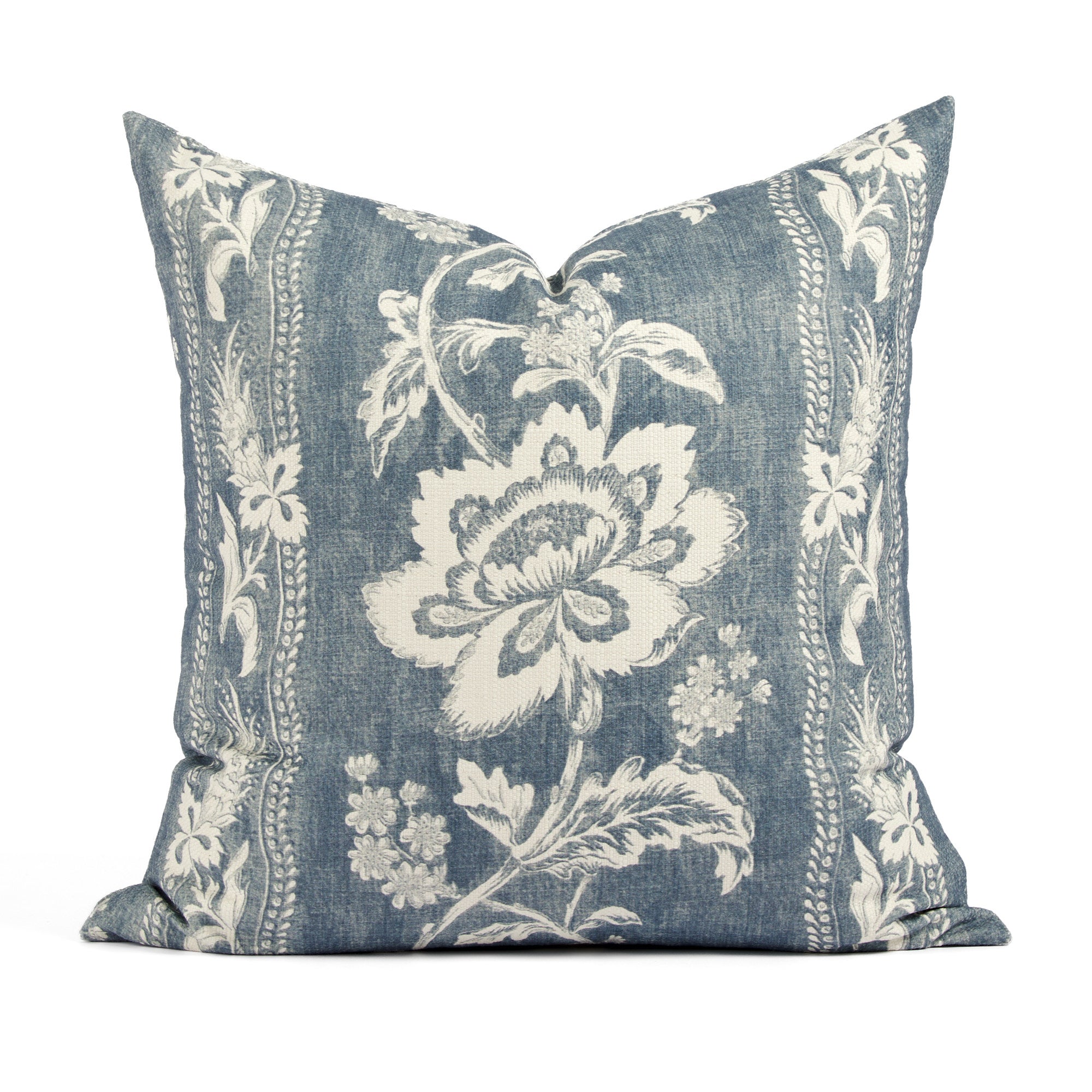 Tonic Living Ashford 20x20 pillow in Denim featuring a chambray blue and white floral vine pattern.