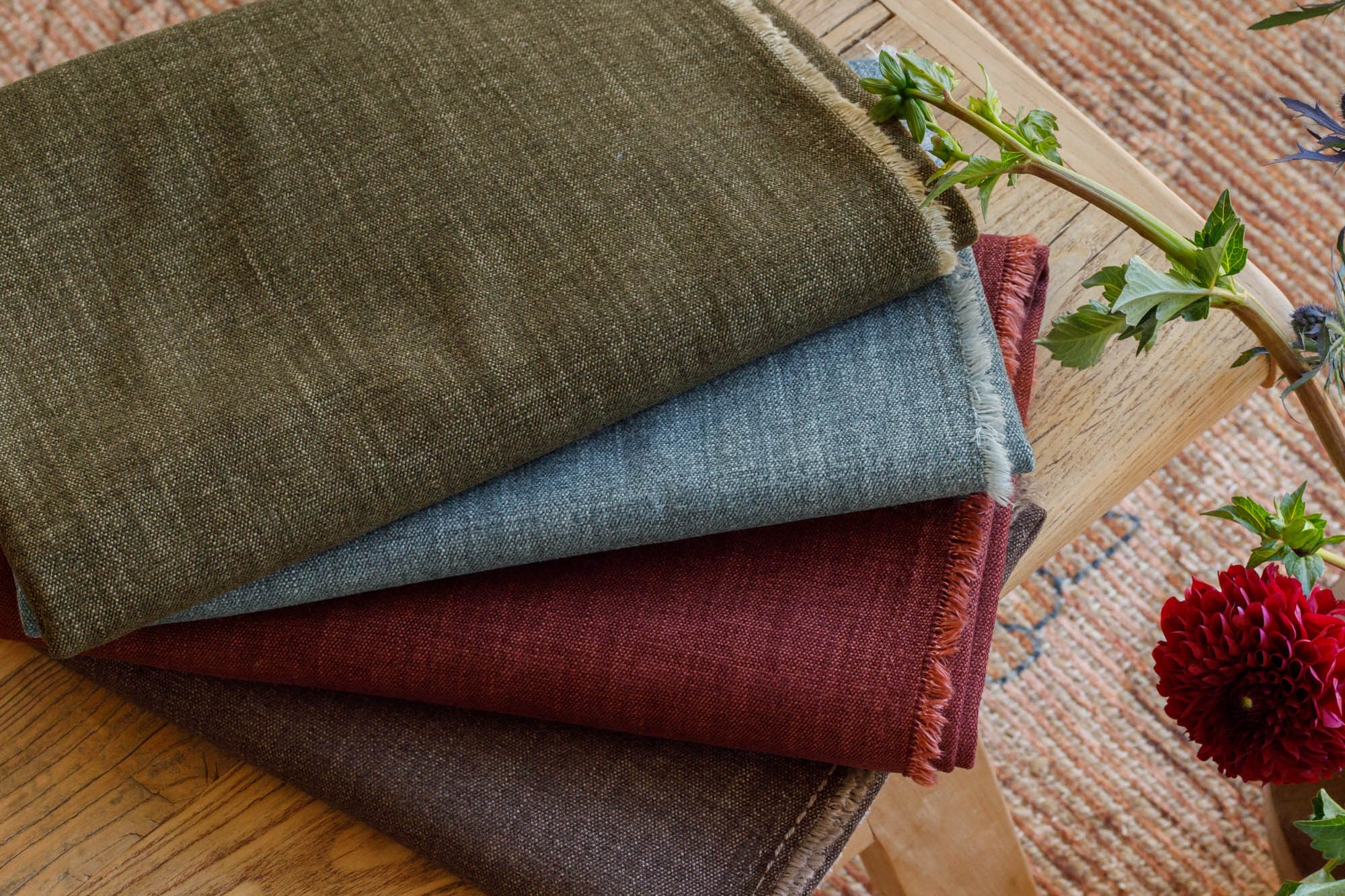 Tonic Living Bedford upholstery fabrics in Merlot, Moss, Denim, and Coffee chenille.