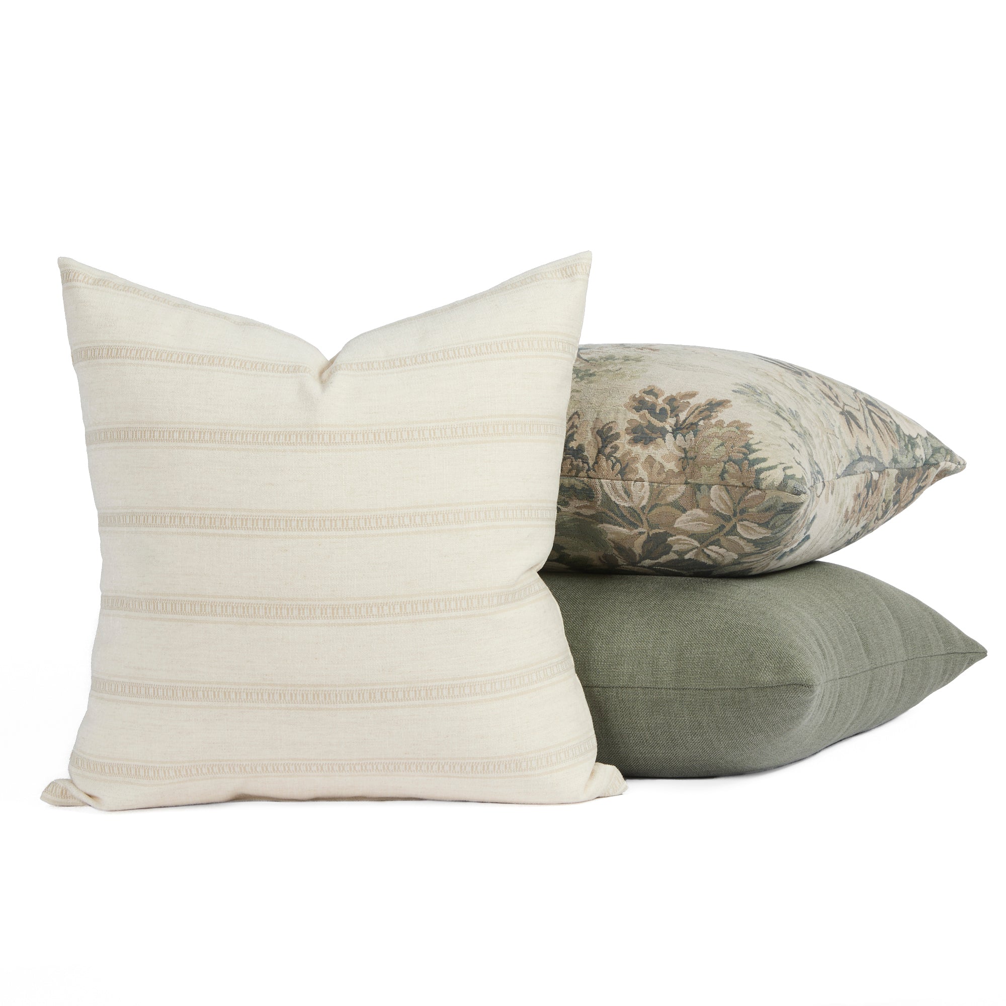 Tonic Living Brunswick Stripe cream pillow centred in front of sage cushions for a fresh, layered look.