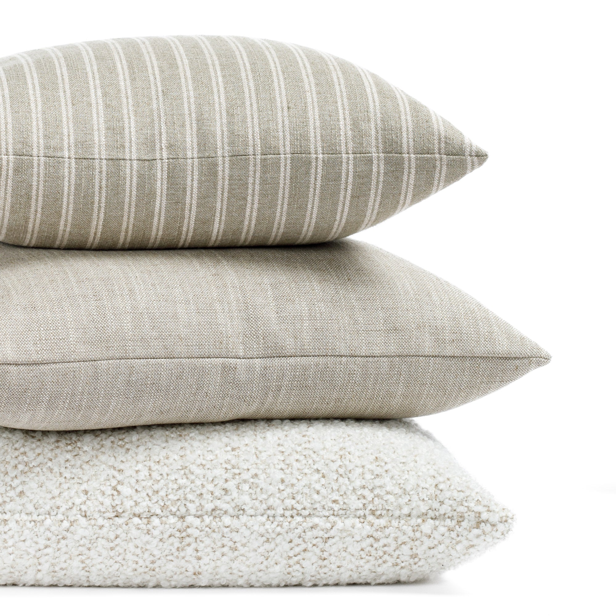 neutral Tonic Living pillows : Conway Stripe Sage, Brussels Oatmeal and Fenwick Parchment