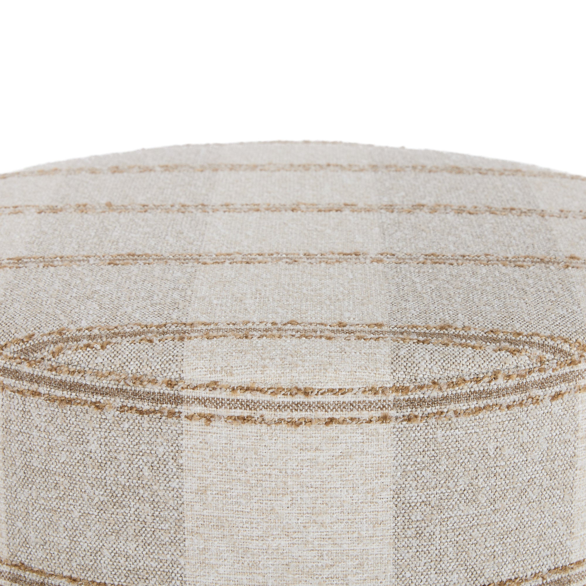 Top view of Buckley Wheat round ottoman showing neutral plaid fabric texture – Tonic Living