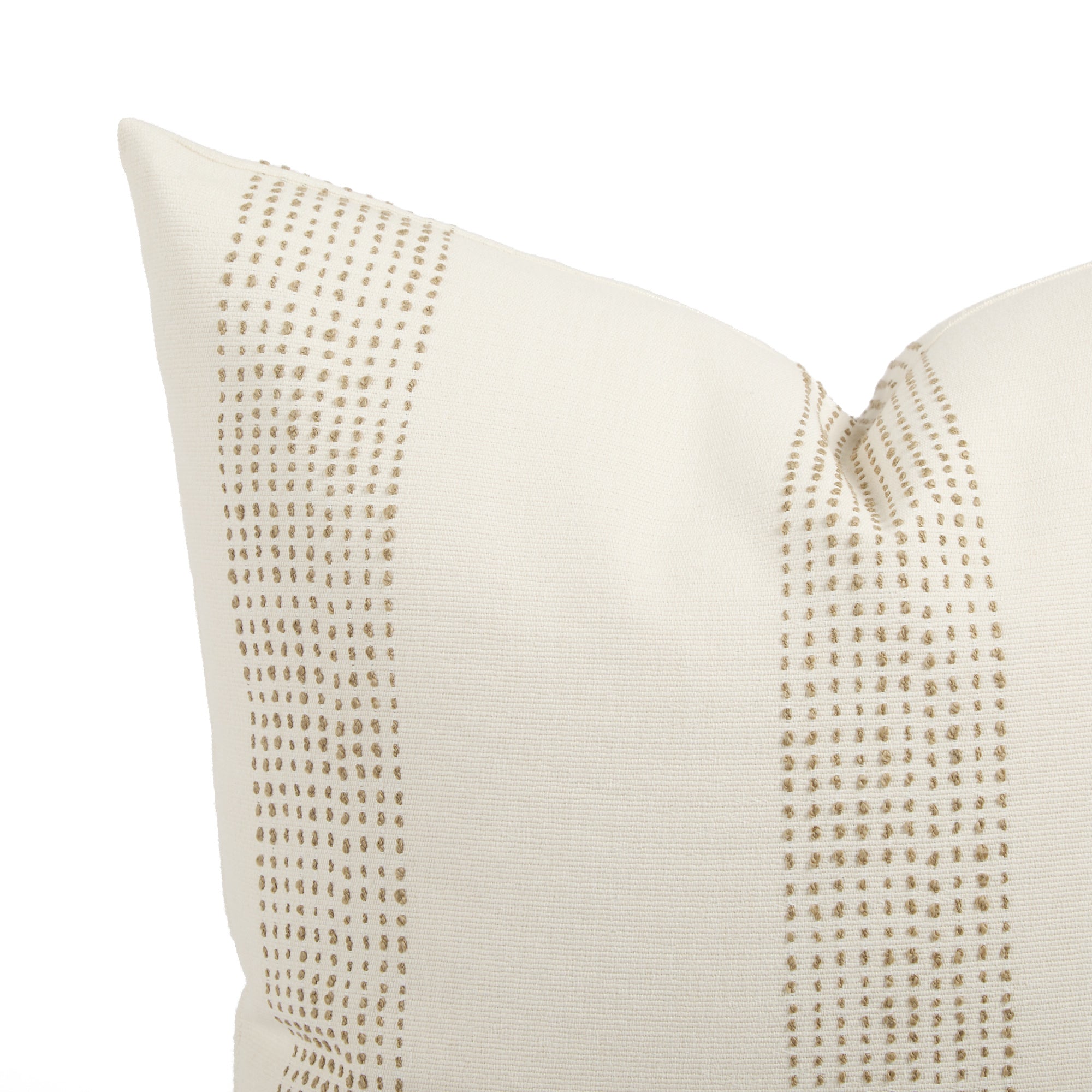 Close up of Tonic Living Caper outdoor cushion showing off-white and light brown dotted stripe detail.