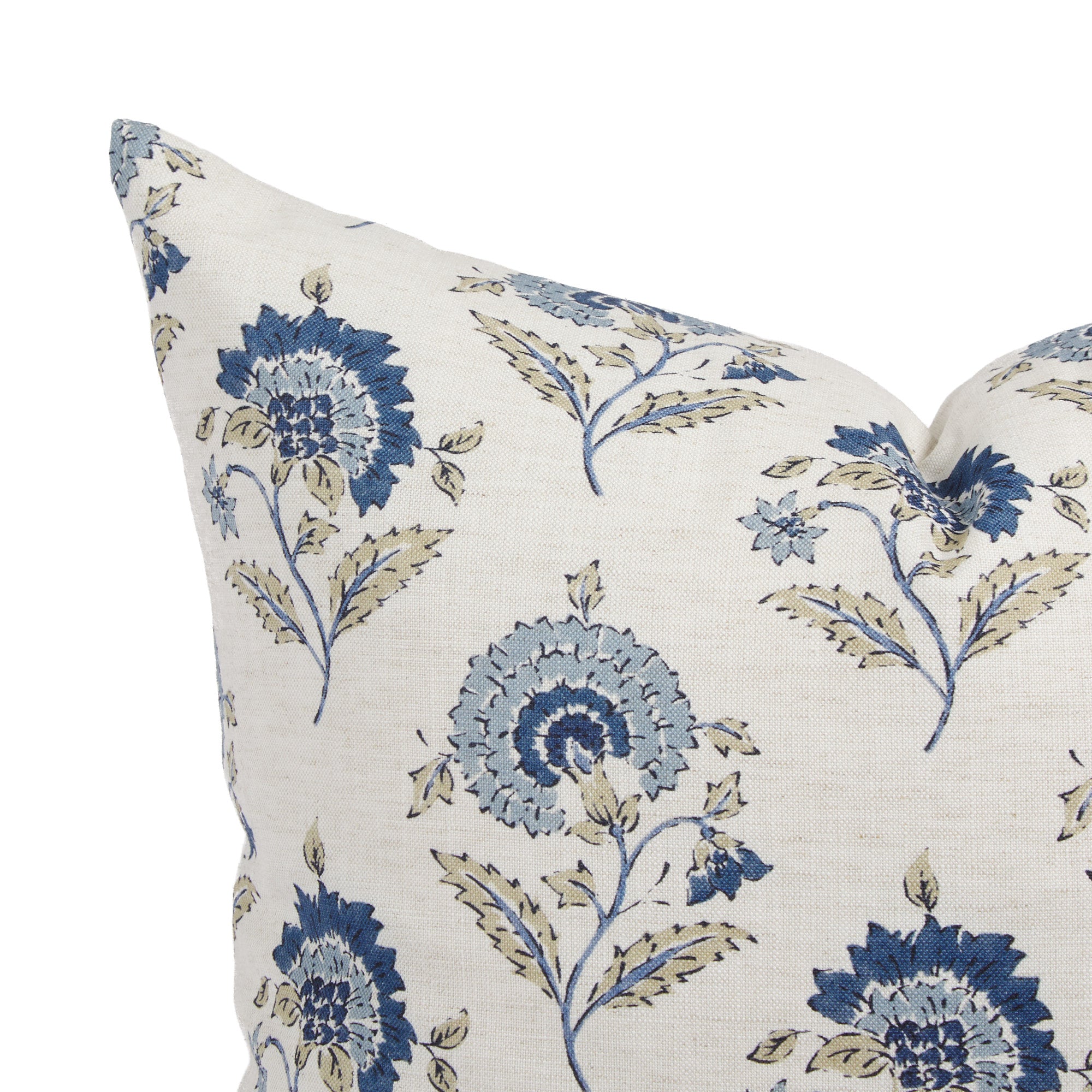 Close up of Tonic Living Clara Denim cushion showing navy, light blue, taupe, and soft white floral detail.