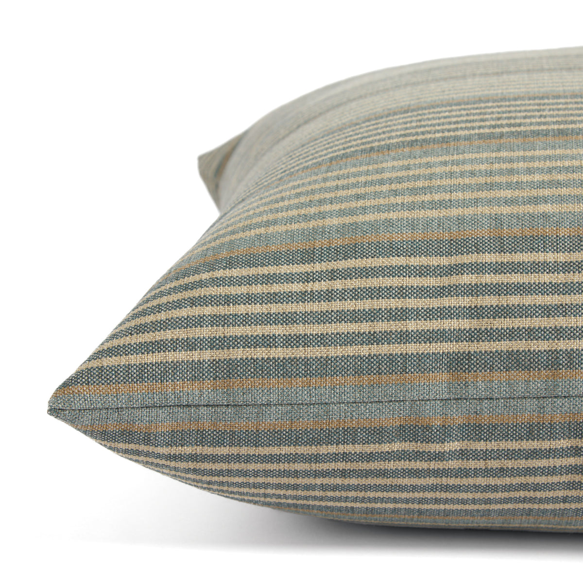 Side view of Tonic Living Clark Stripe Pool toss cushion highlighting its muted blue and neutral multistripe pattern.