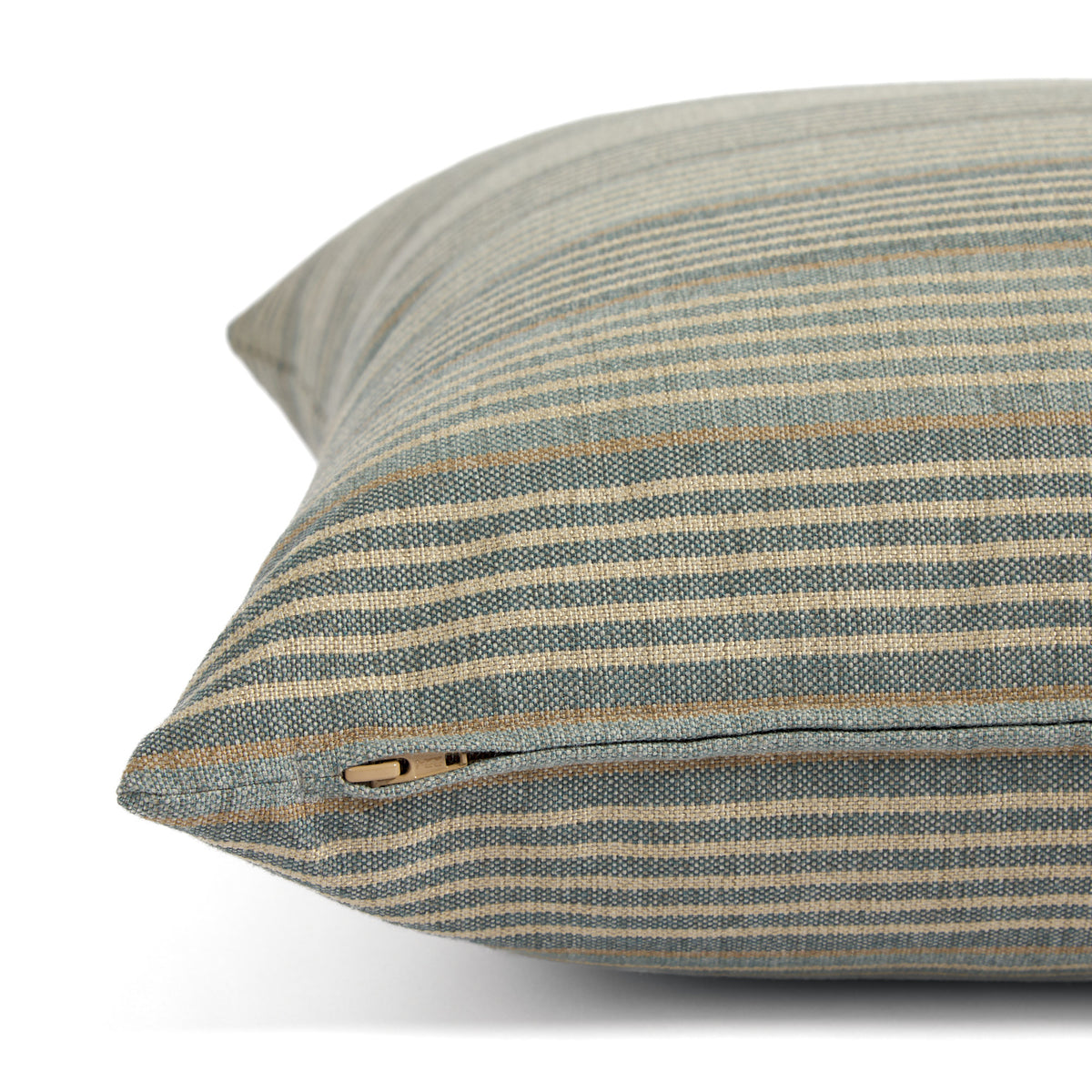 Side zipper detail of Tonic Living Clark Stripe 22x22 pillow in faded blue, oatmeal, and camel stripes.