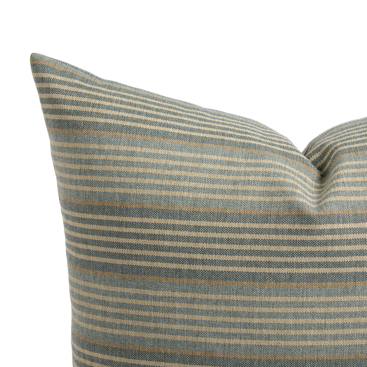 Close up of Tonic Living Clark Stripe Pool pillow showing faded blue, oatmeal, and camel stripes with woven texture.