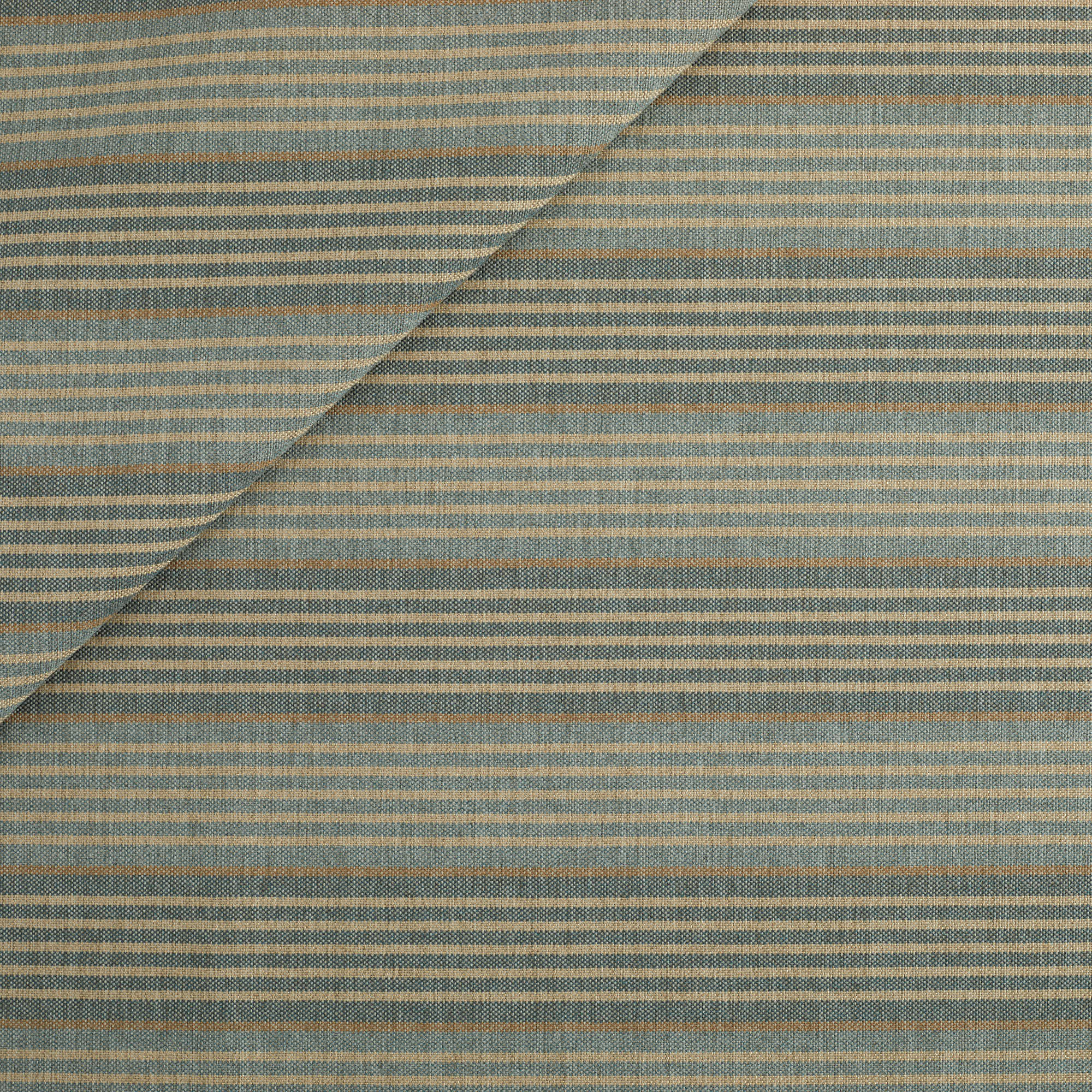 Tonic Living Clark Stripe Fabric in Pool, a faded blue, oatmeal, and camel striped high-performance upholstery fabric.