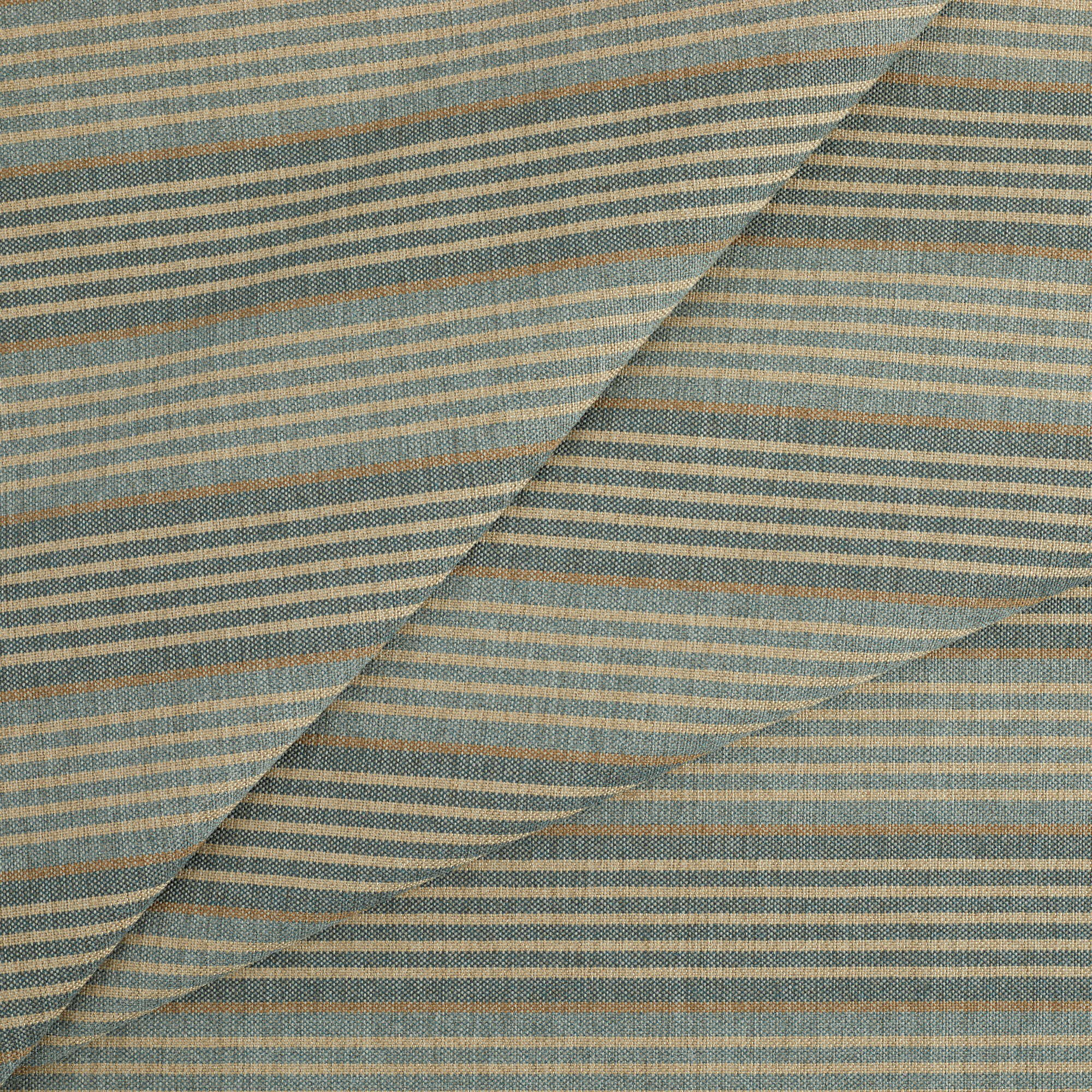 Tonic Living Clark Stripe Fabric in Pool, a blue striped high-performance fabric with oatmeal and camel accents.