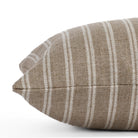 Detailed side close-up of the Conway Stripe Bark 12x24 lumbar pillow from Tonic Living, emphasizing the vertical stripe pattern and earthy colour mix in oatmeal beige and bark-toned brown.