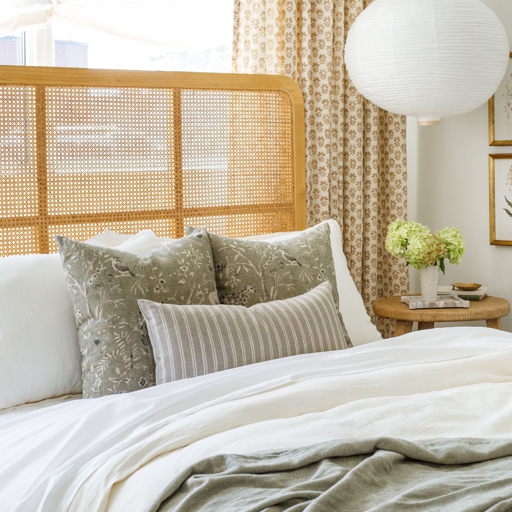 Bedroom with Cyprus Moss green and Conway Stripe sage green pillows styled on a sofa – Tonic Living
