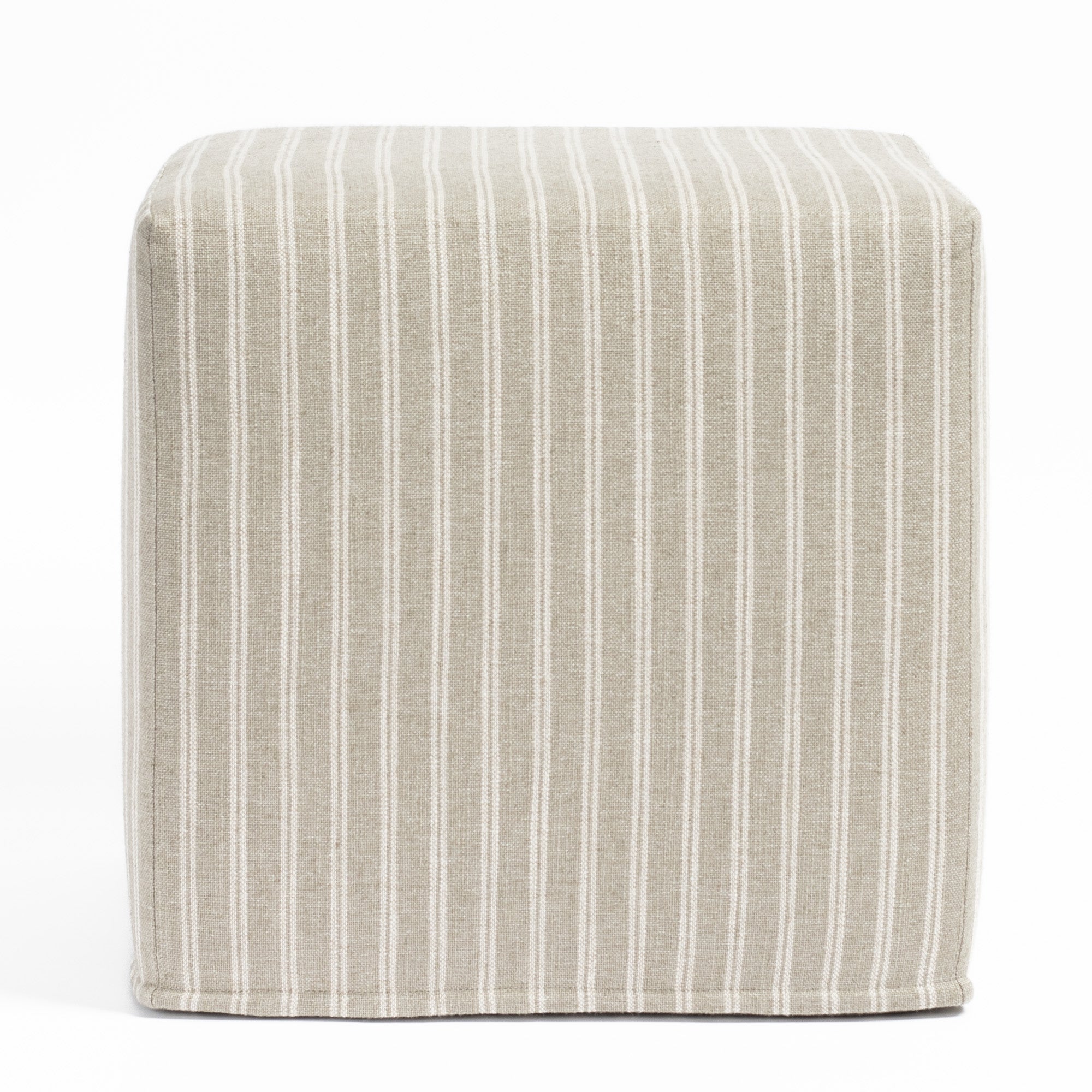 a dusty sage green and oatmeal belgian farmhouse striped fabric ottoman pouf : front view