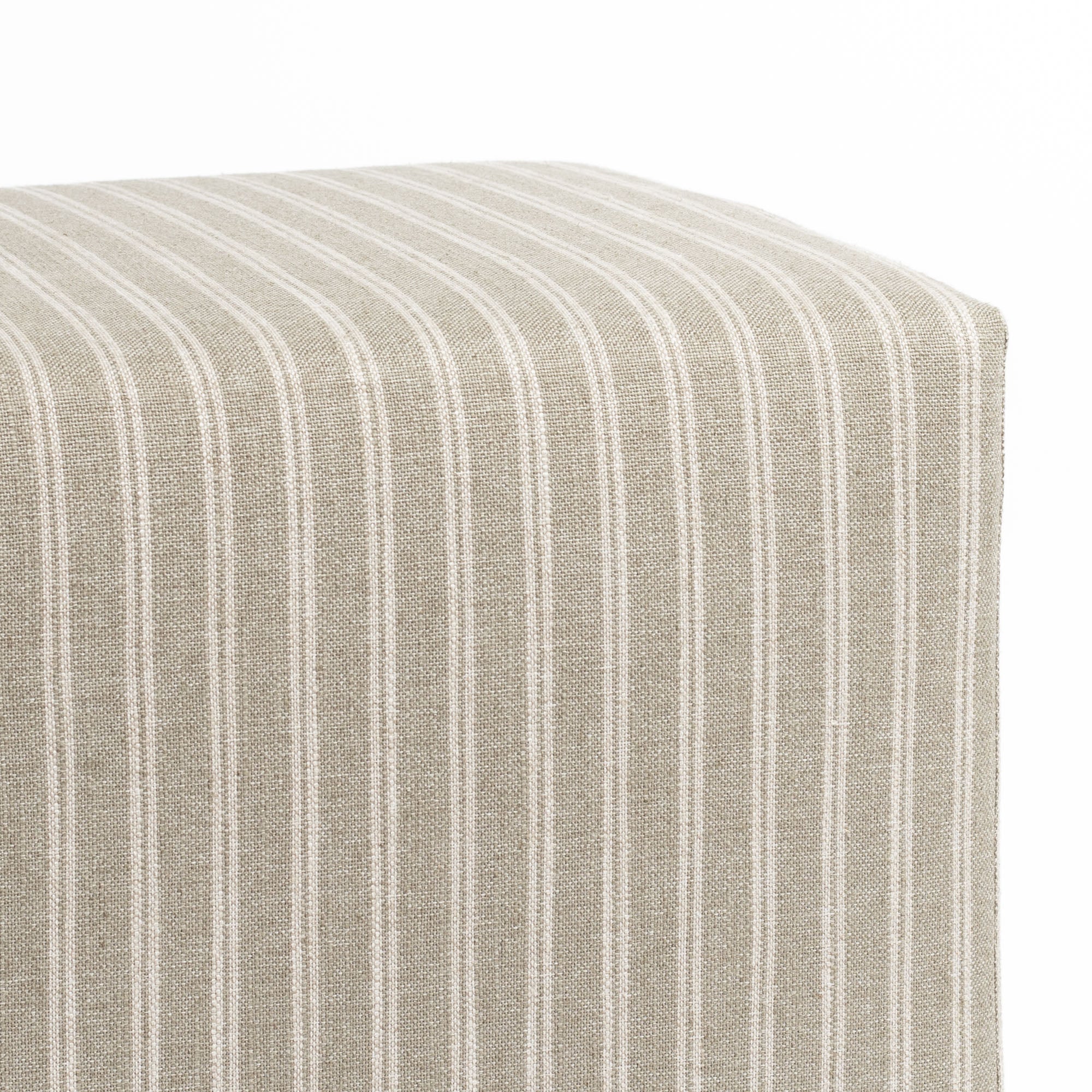 a dusty sage green and oatmeal belgian farmhouse striped fabric ottoman pouf : top detail view 2