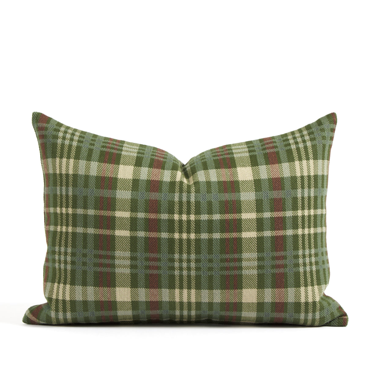 Tonic Living Dasher green plaid holiday lumbar pillow styled with coordinating decorative pillows for Christmas home decor.