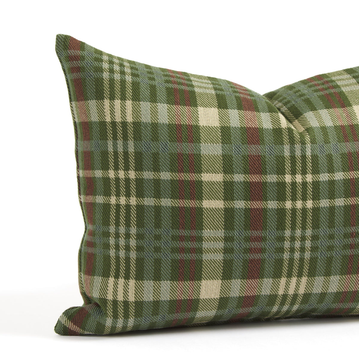 Close up of Tonic Living Dasher Holiday Lumbar Pillow showing a woven plaid pattern in pine green, burgundy, beige, and blue.
