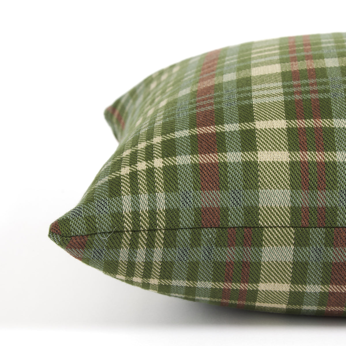 Side view of Tonic Living Dasher plaid decorative cushion featuring a classic green and burgundy check pattern.