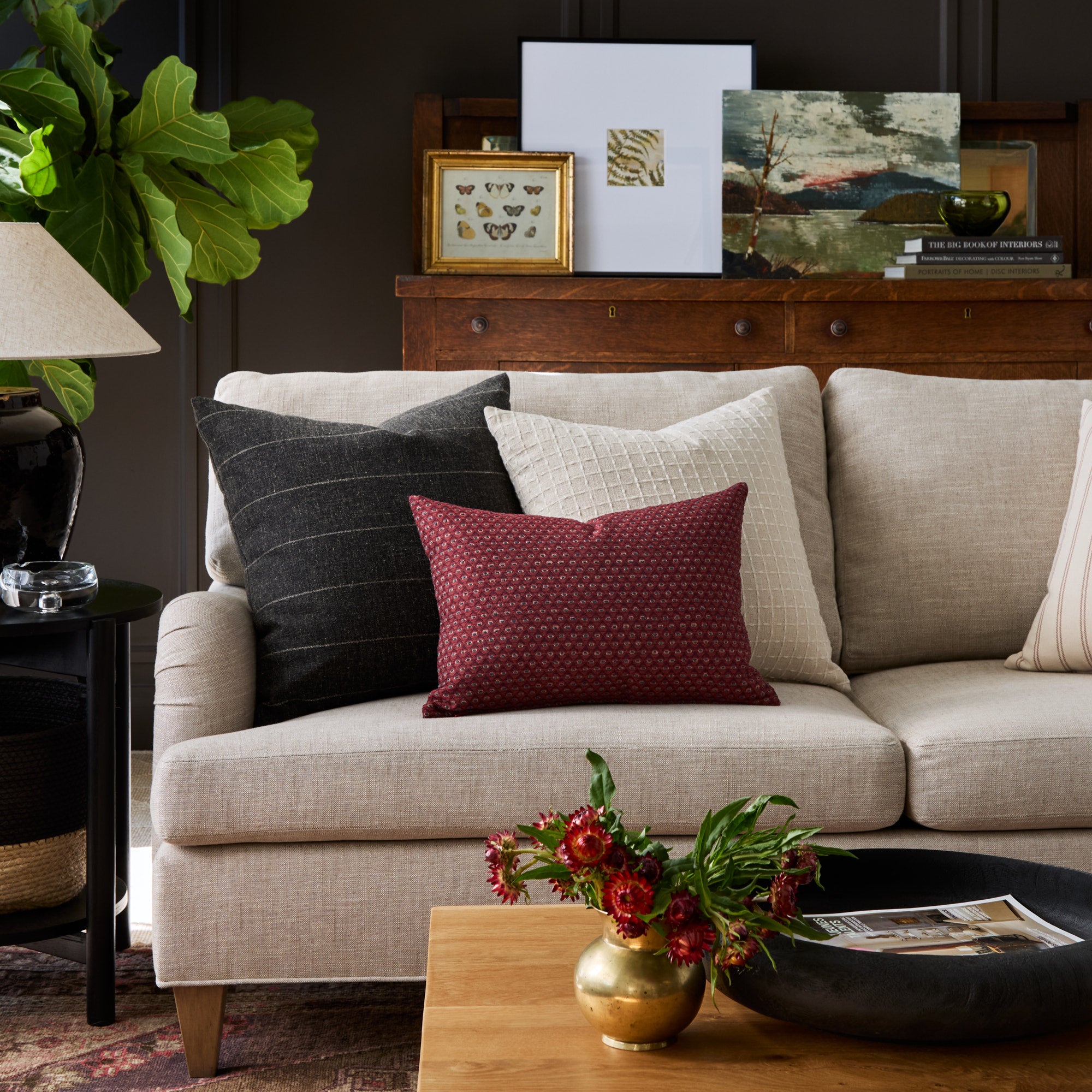 Black, burgundy and beige throw pillows from Tonic Living.