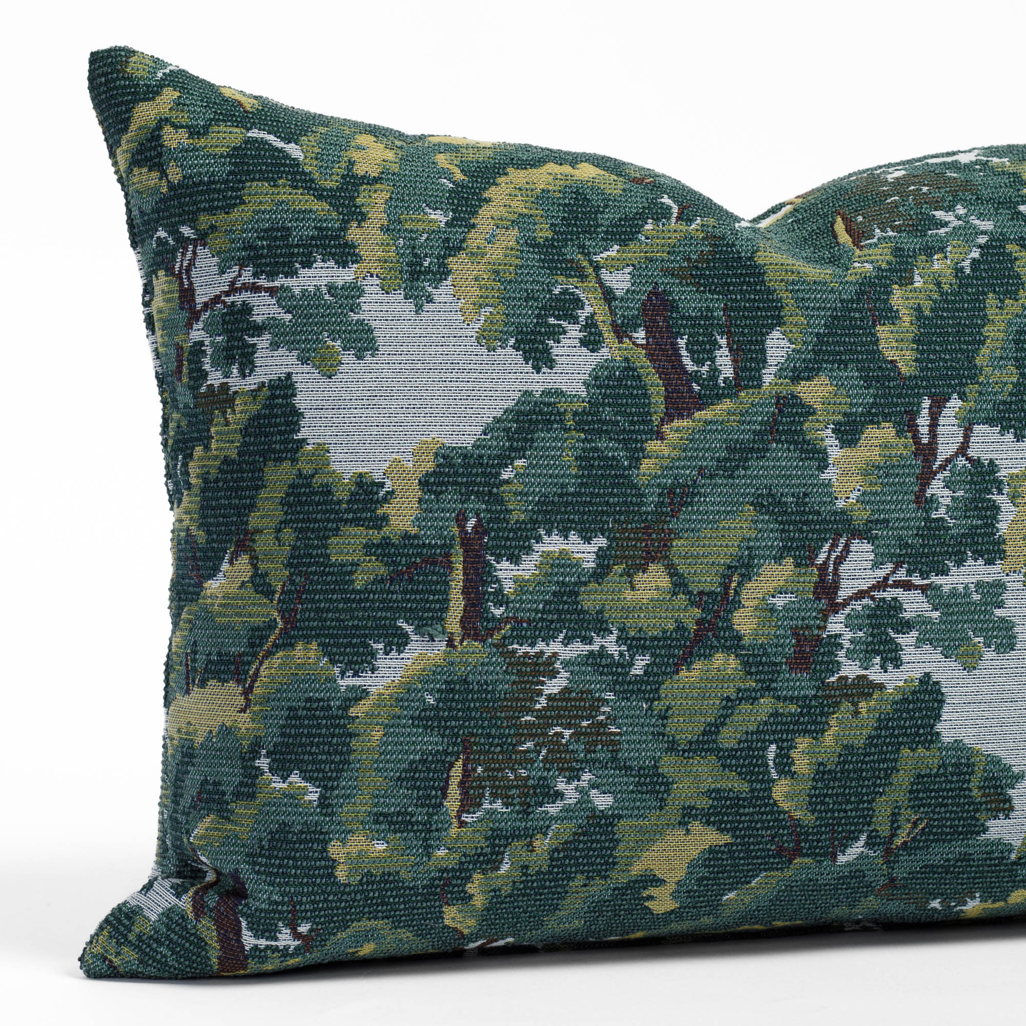 a forest jacquard tapestry patterned lumbar pillow: close up view