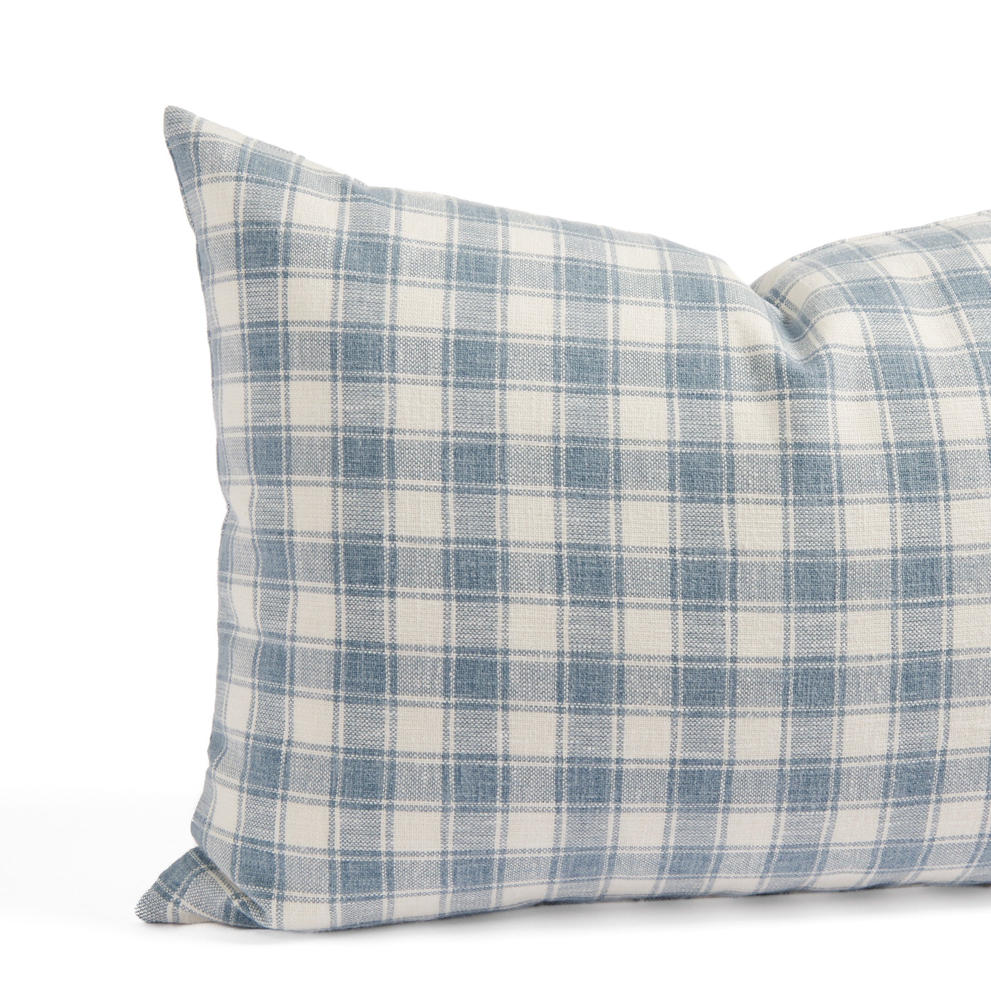 Close up of Tonic Living Emmett Plaid lumbar pillow showing its classic blue and white gingham pattern.