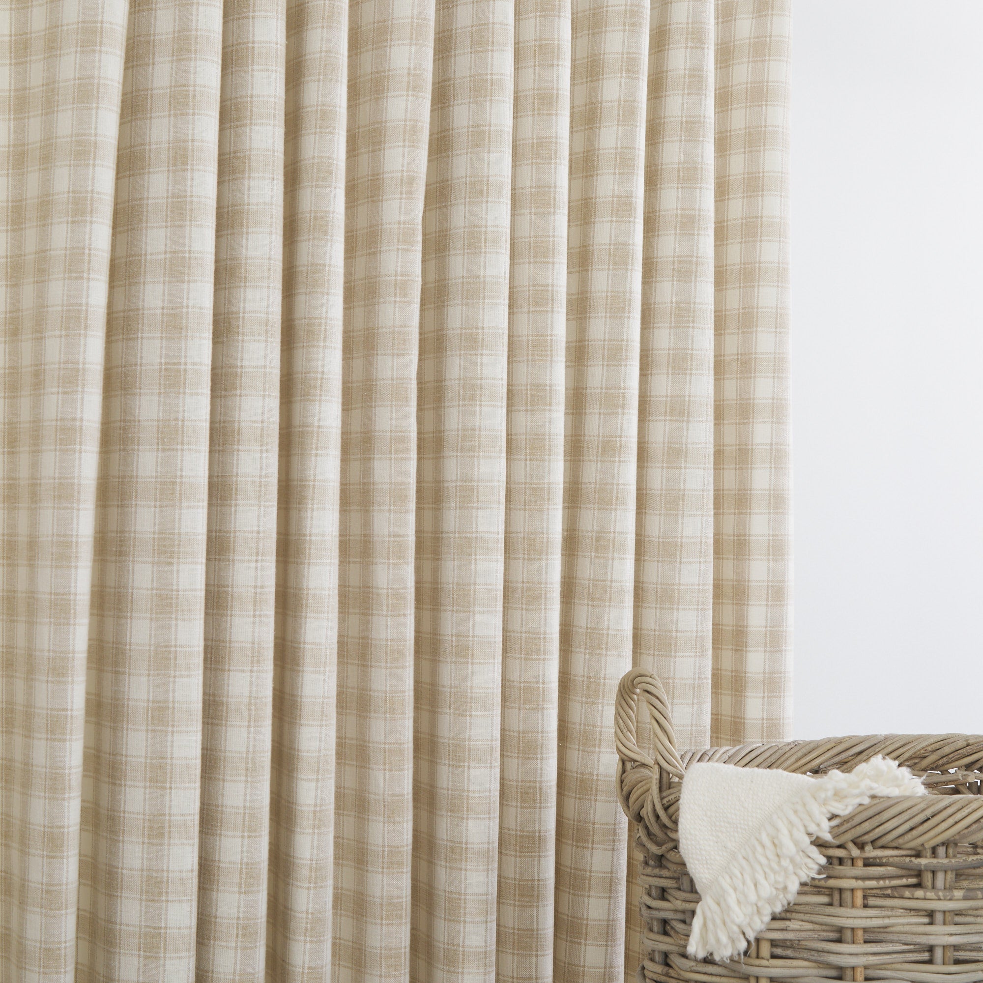 Tonic Living Emmett Plaid Flax fabric ideal for roman shades and curtains in a soft beige and ivory check.