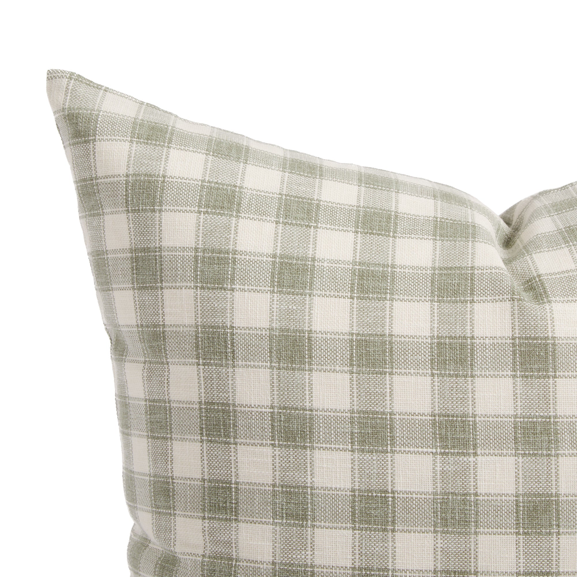 Close up of Tonic Living Emmett Plaid cushion showing its sage green and white gingham pattern.