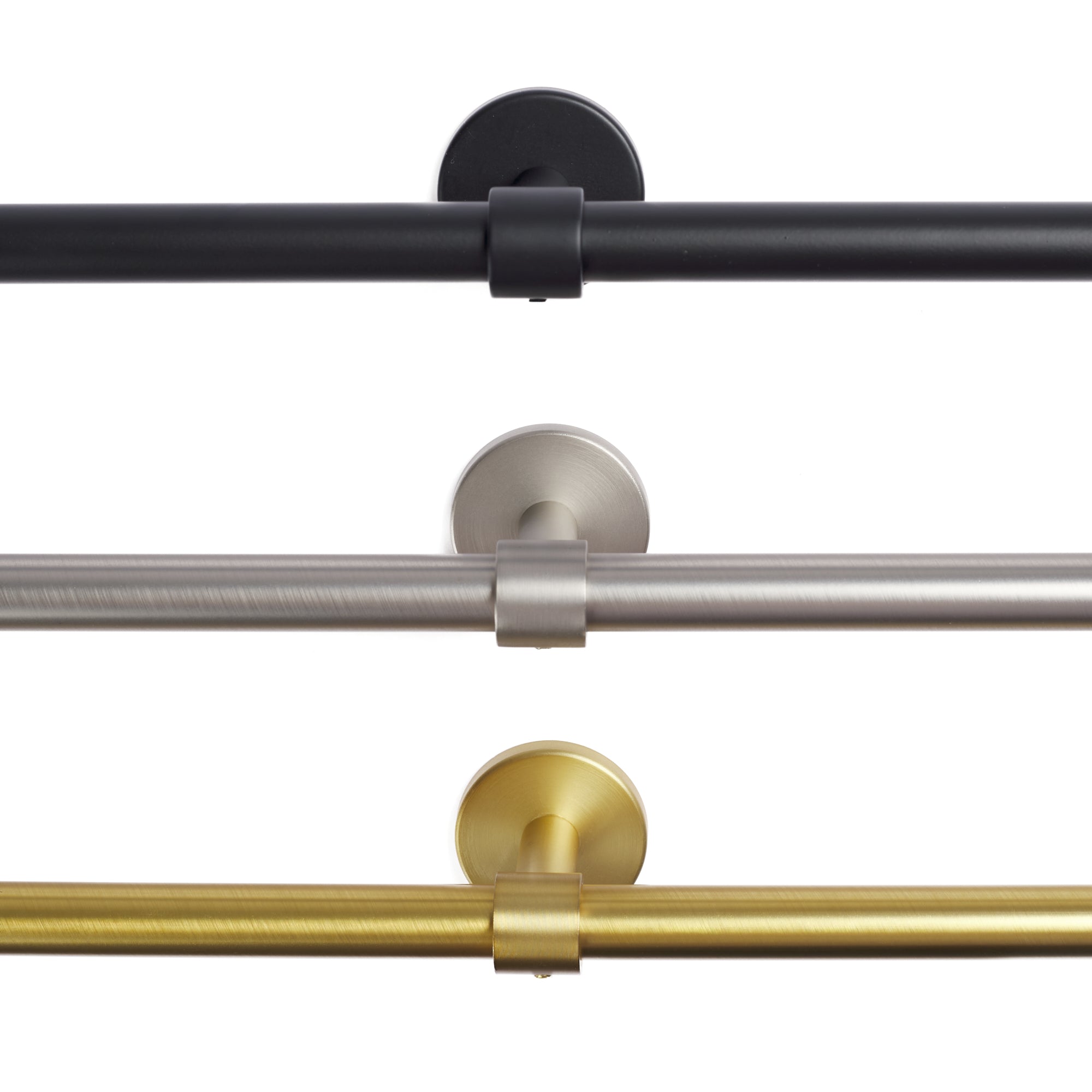 Tonic Living café curtain rod enclosed brackets in Black, Gold, and Pewter with rod.