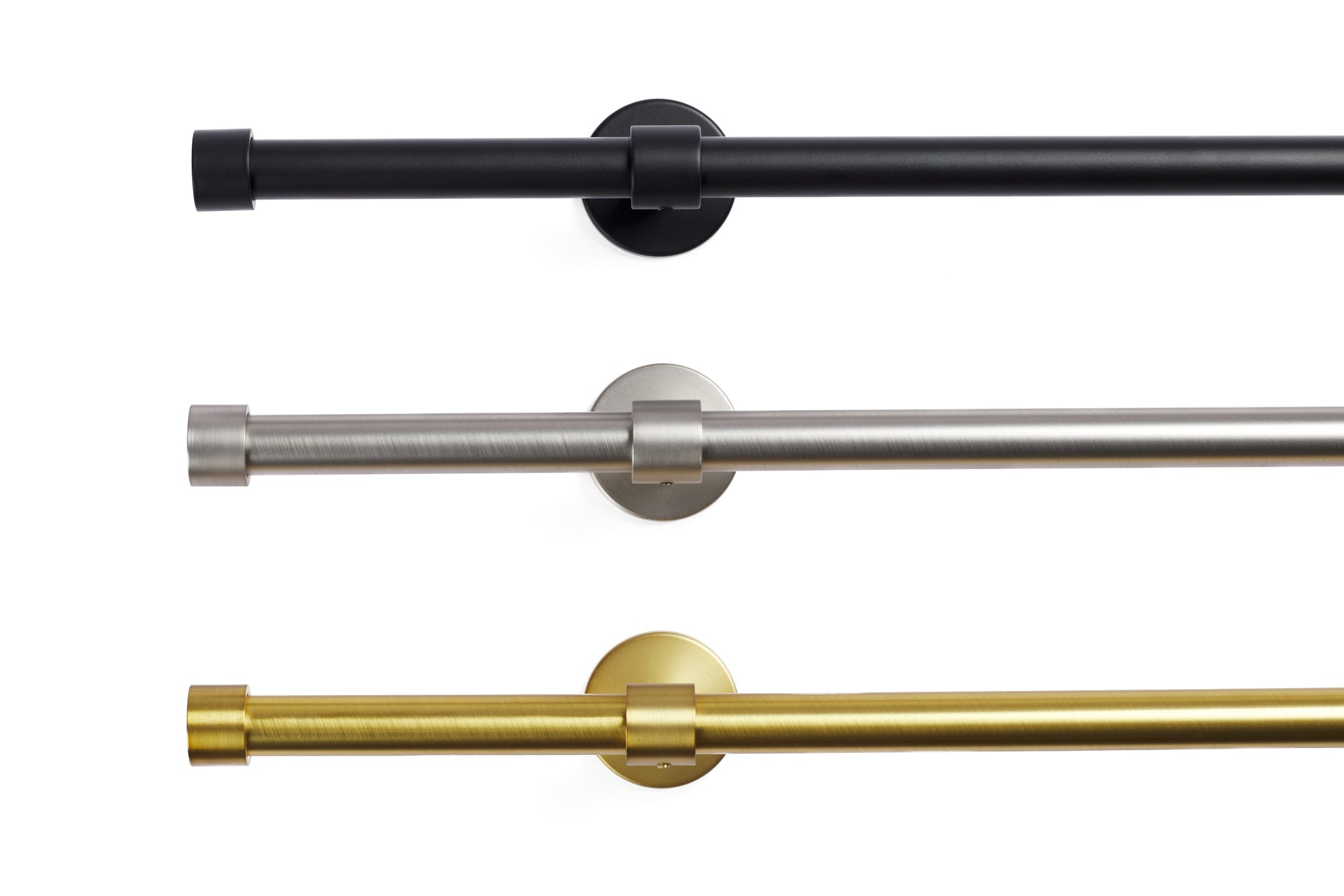 Tonic Living enclosed café rod brackets shown with café curtain rods in Black, Gold, and Pewter.