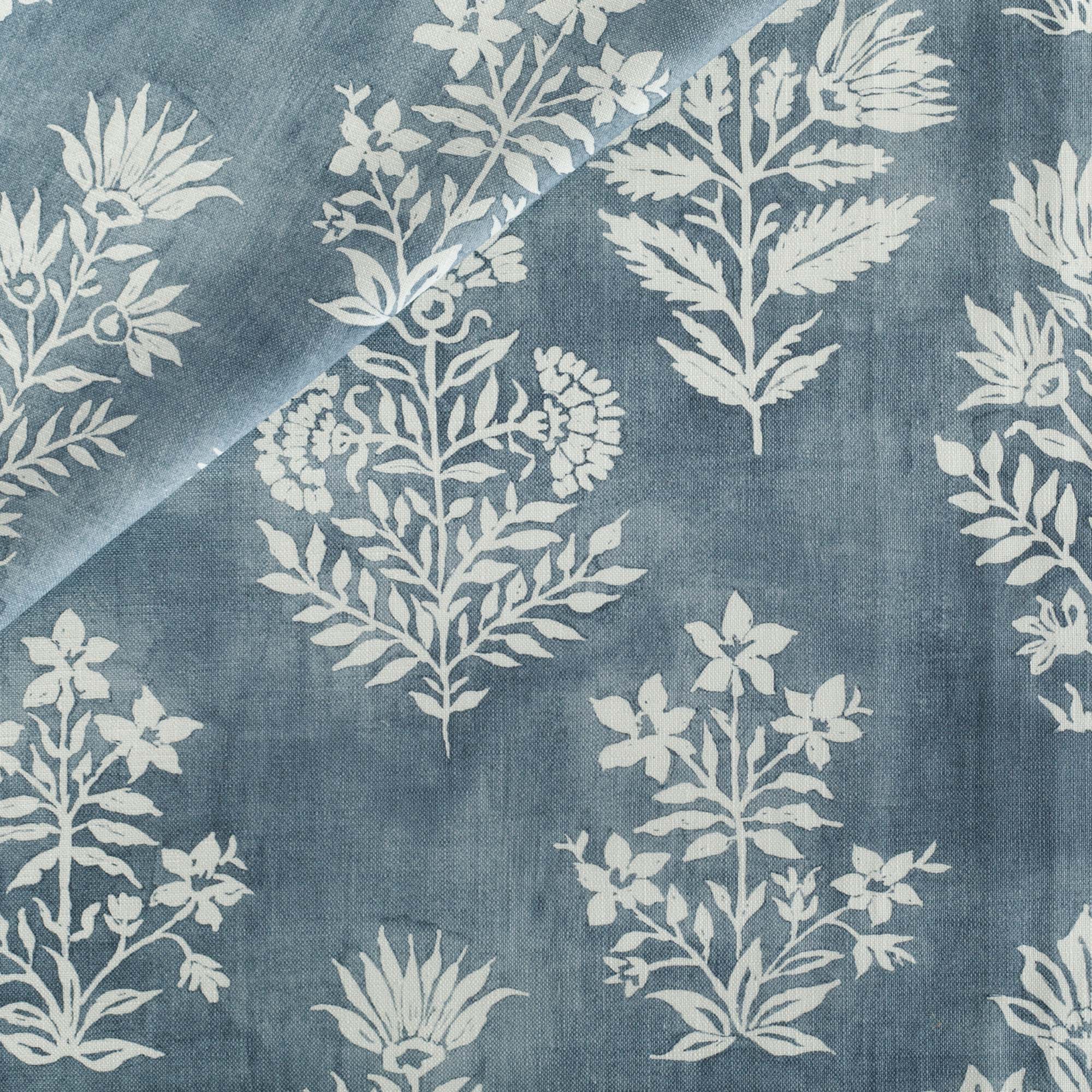 an indigo blue and white floral print fabric : close up view 3