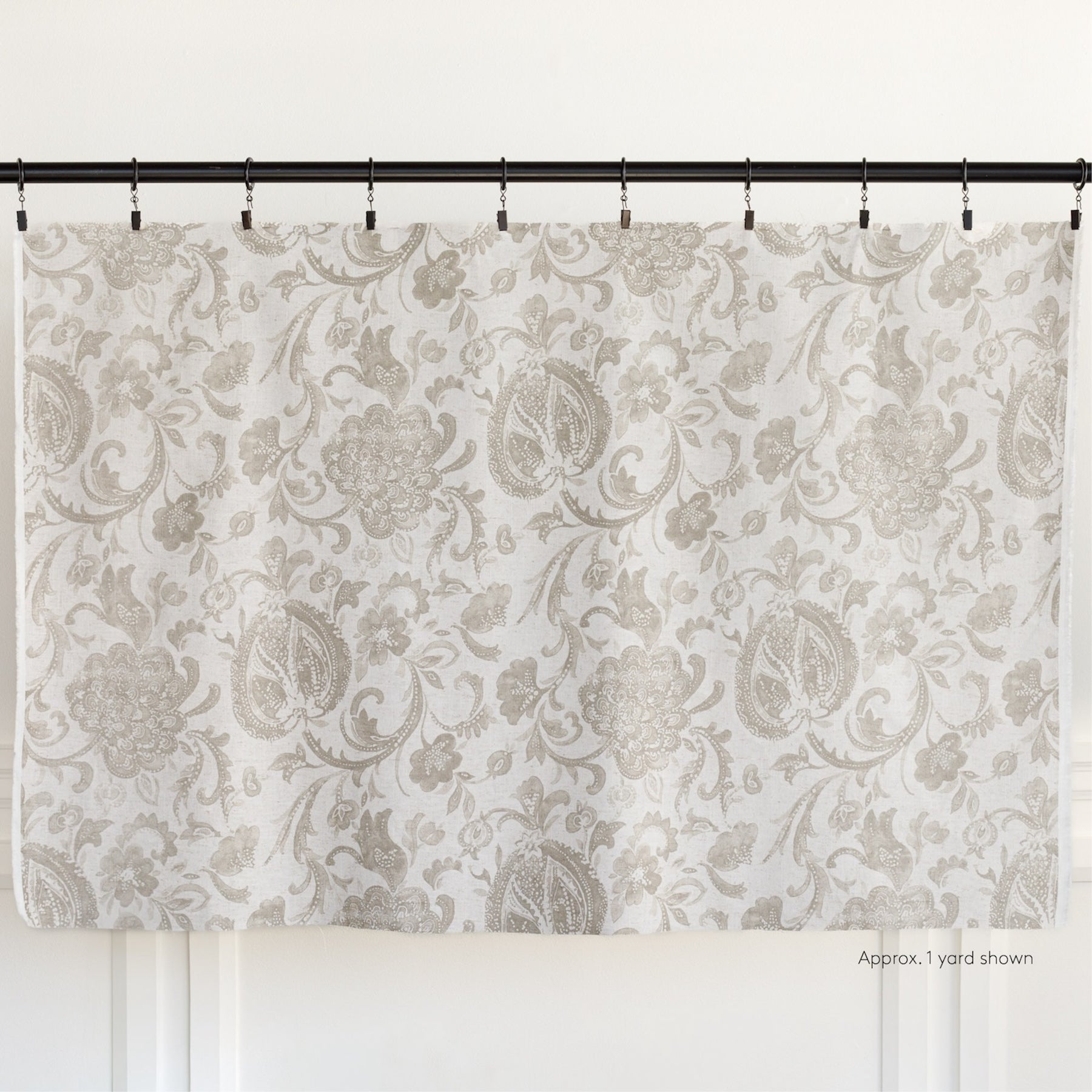 an oatmeal and earthy grey Jacobean floral print home decor fabric: one yard cut