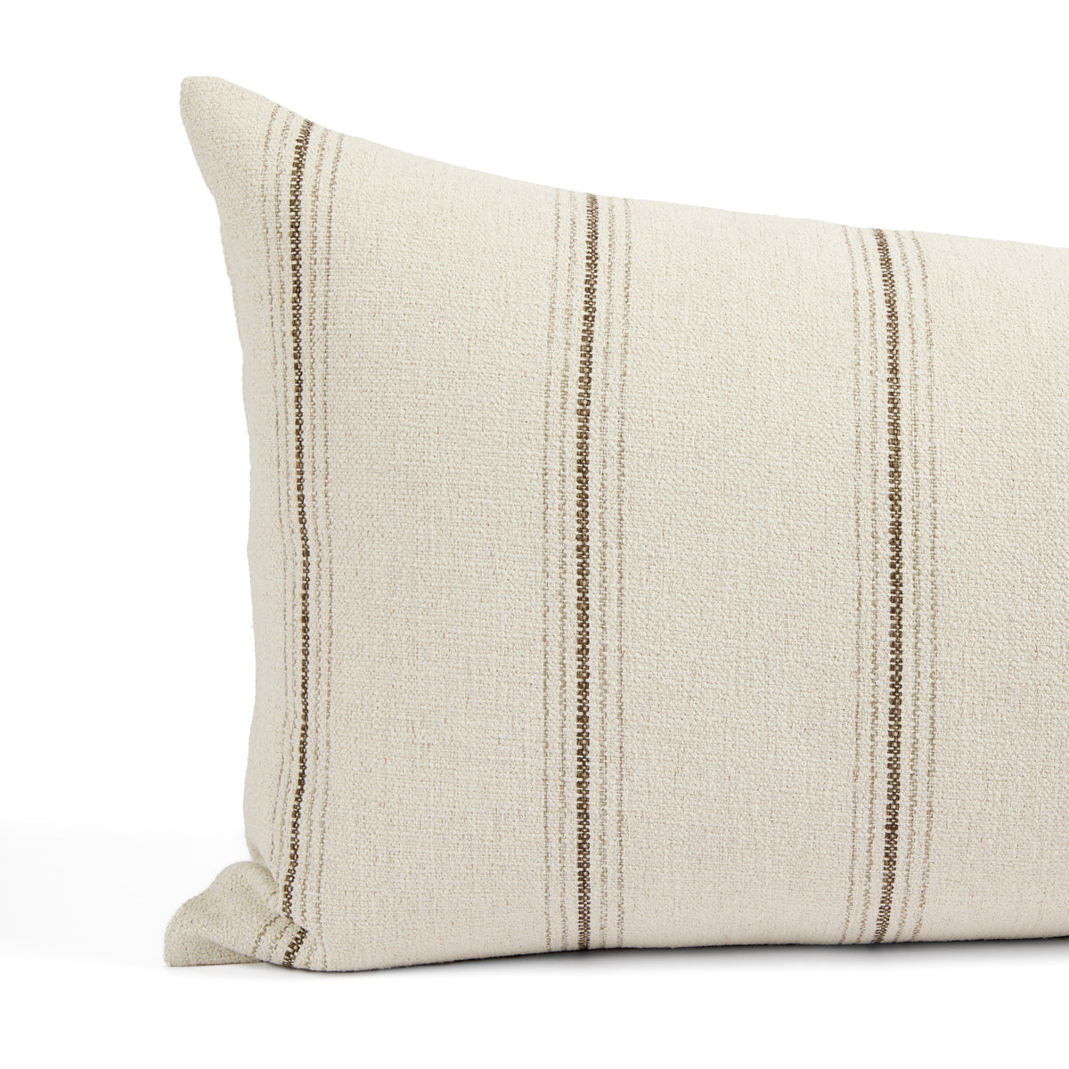 Close up of Tonic Living Gibson Stripe Birch bolster pillow showing neutral beige and brown stripes with fine woven details.