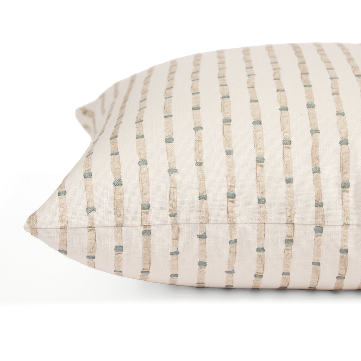 Side view of Tonic Living Hadley Stripe Mist decorative cushion highlighting its blue and brown organic striped pattern.