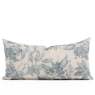 Straight-on shot of the Heather Indigo 12x24 decorative lumbar pillow by Tonic Living, showcasing a romantic floral pattern in washed blue and beige on subtly textured fabric.
