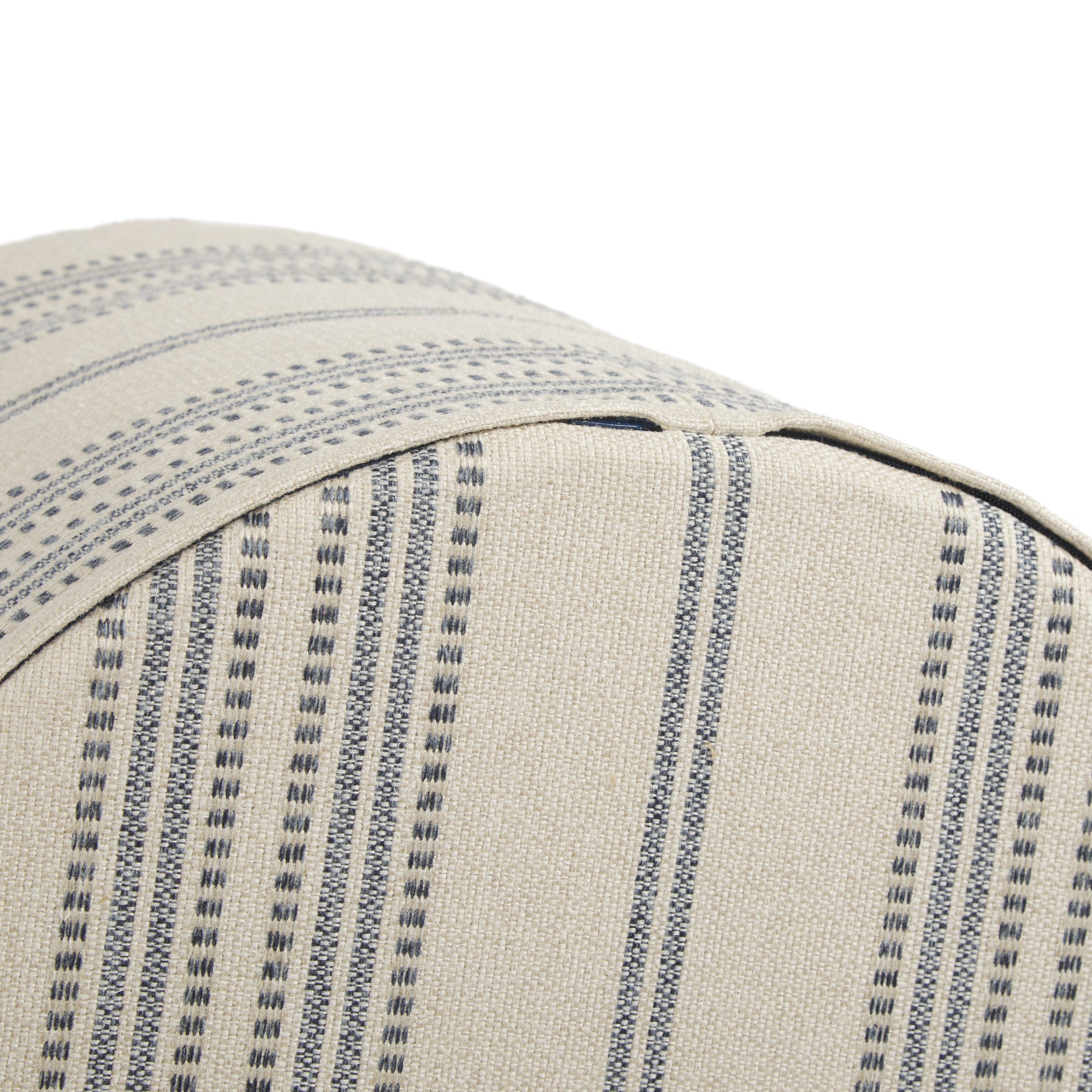 Bottom zipper detail of Tonic Living Hopper Stripe 18x16 stool in a blue and tan striped fabric.
