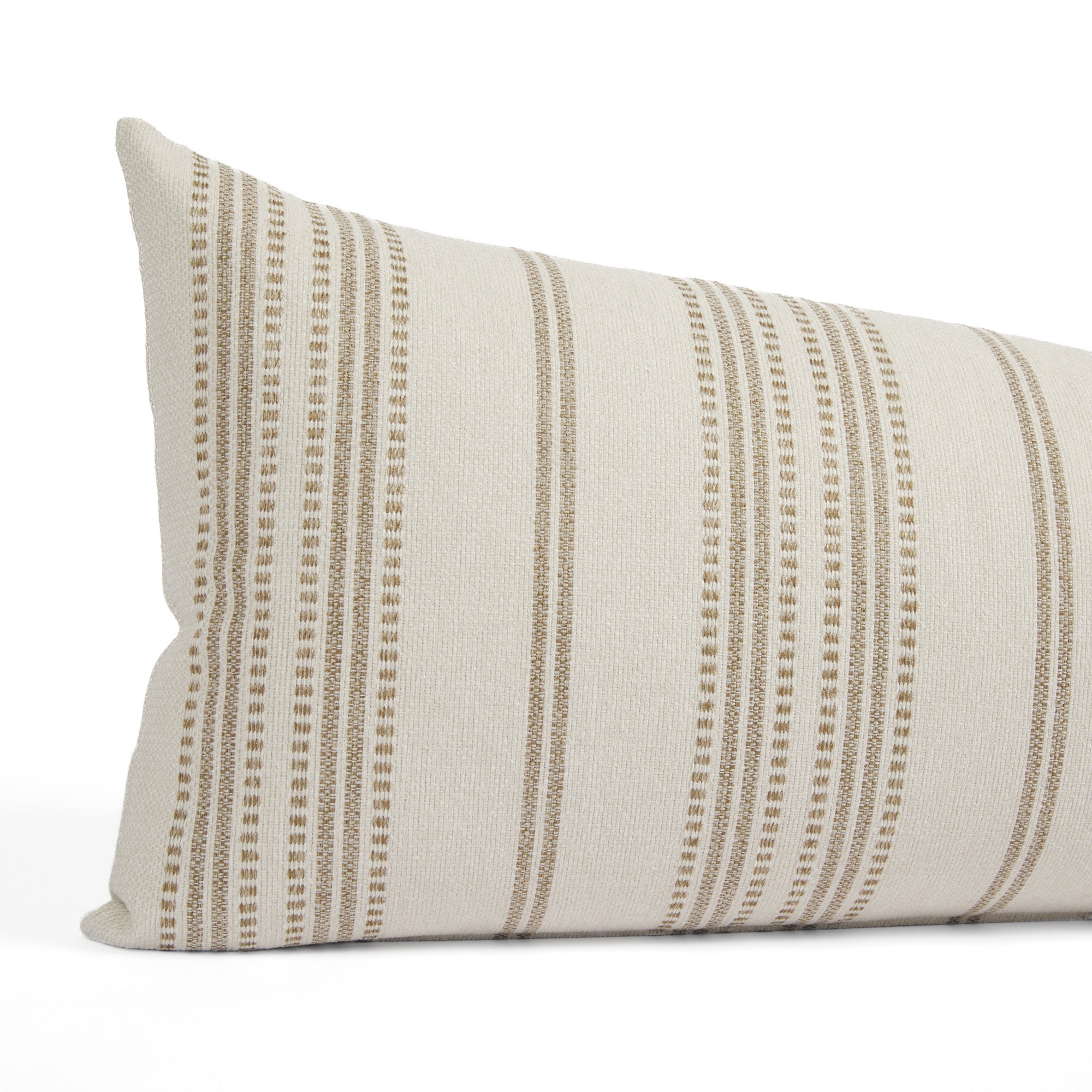 Close up of Tonic Living Hopper Stripe bed bolster showing toffee brown and oatmeal stripe detail with dotted stitch accents.