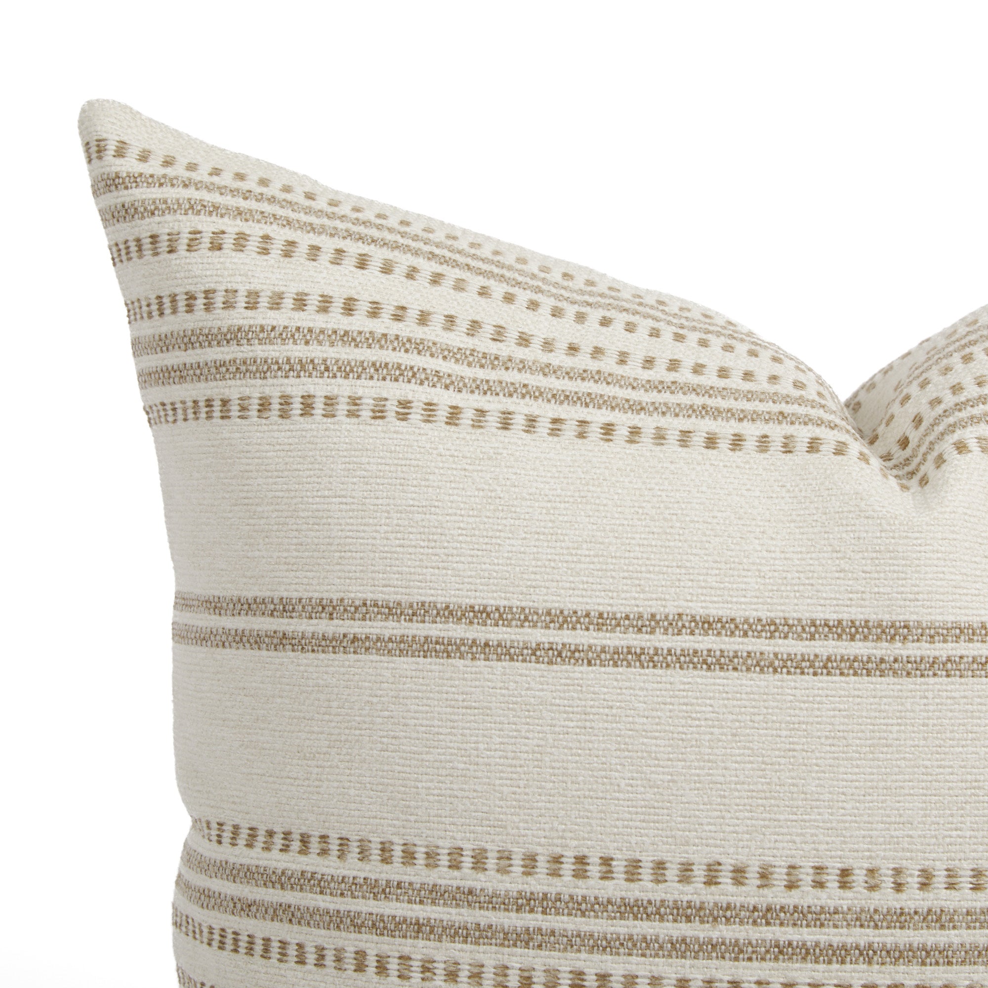 Close up of Tonic Living Hopper Stripe cushion showing toffee brown and oatmeal stripe detail with dotted stitch accents.