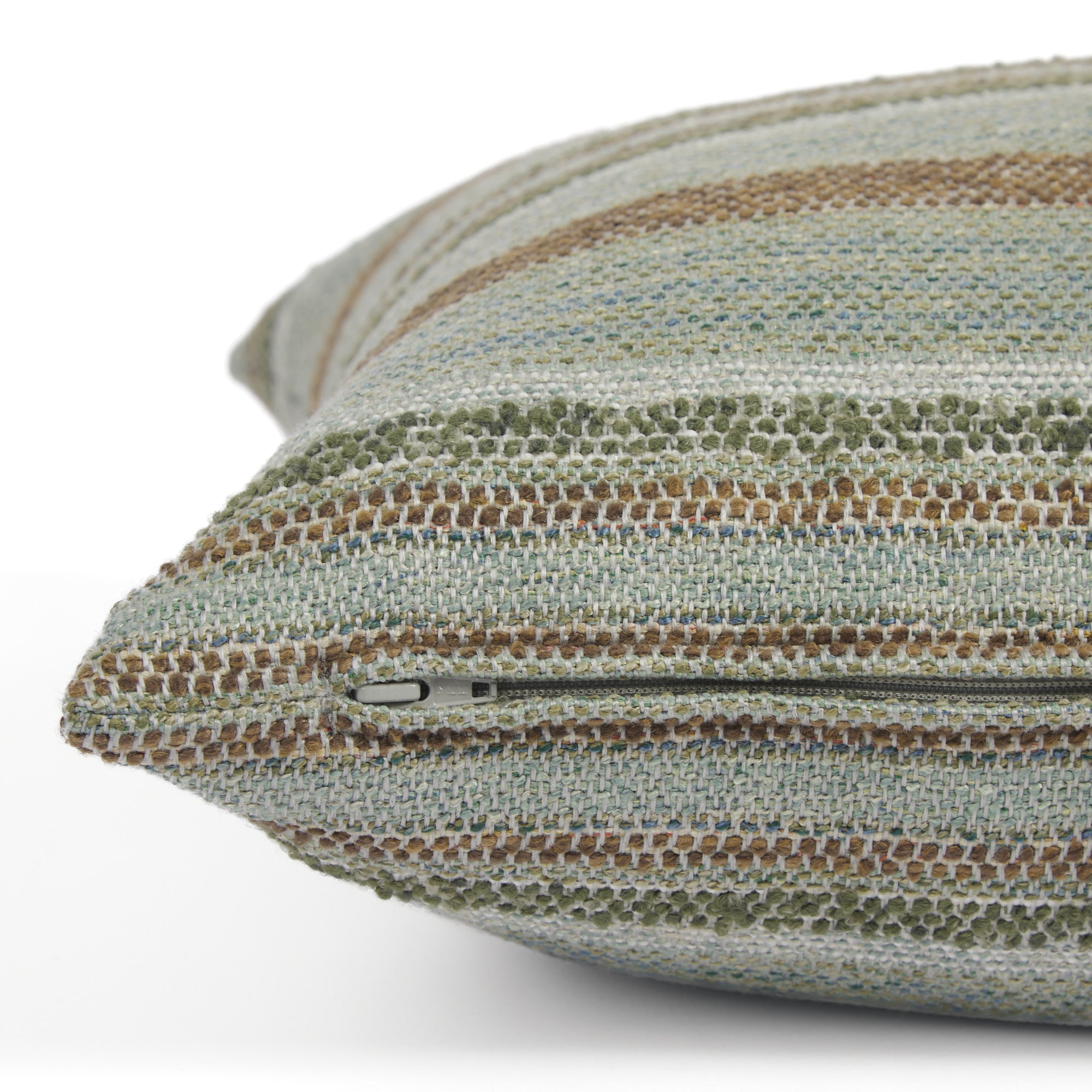 Side zipper detail of Tonic Living Indie Stripe 20x20 pillow in green and teal tonal stripe.
