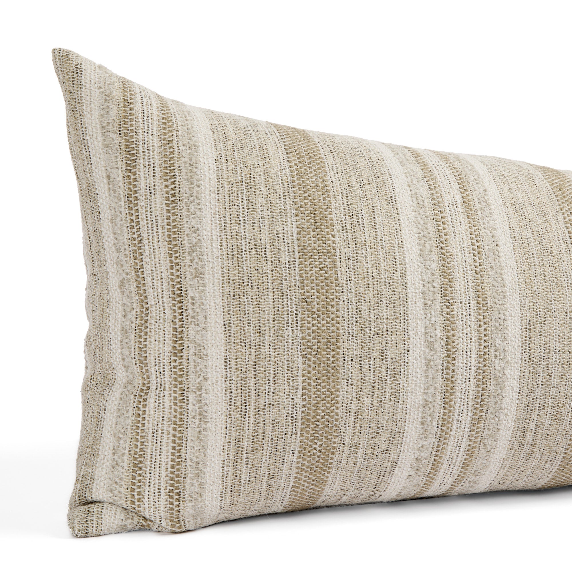 Close up of Tonic Living Indie Stripe bed bolster showing sand, taupe, oatmeal, and warm white stripes.