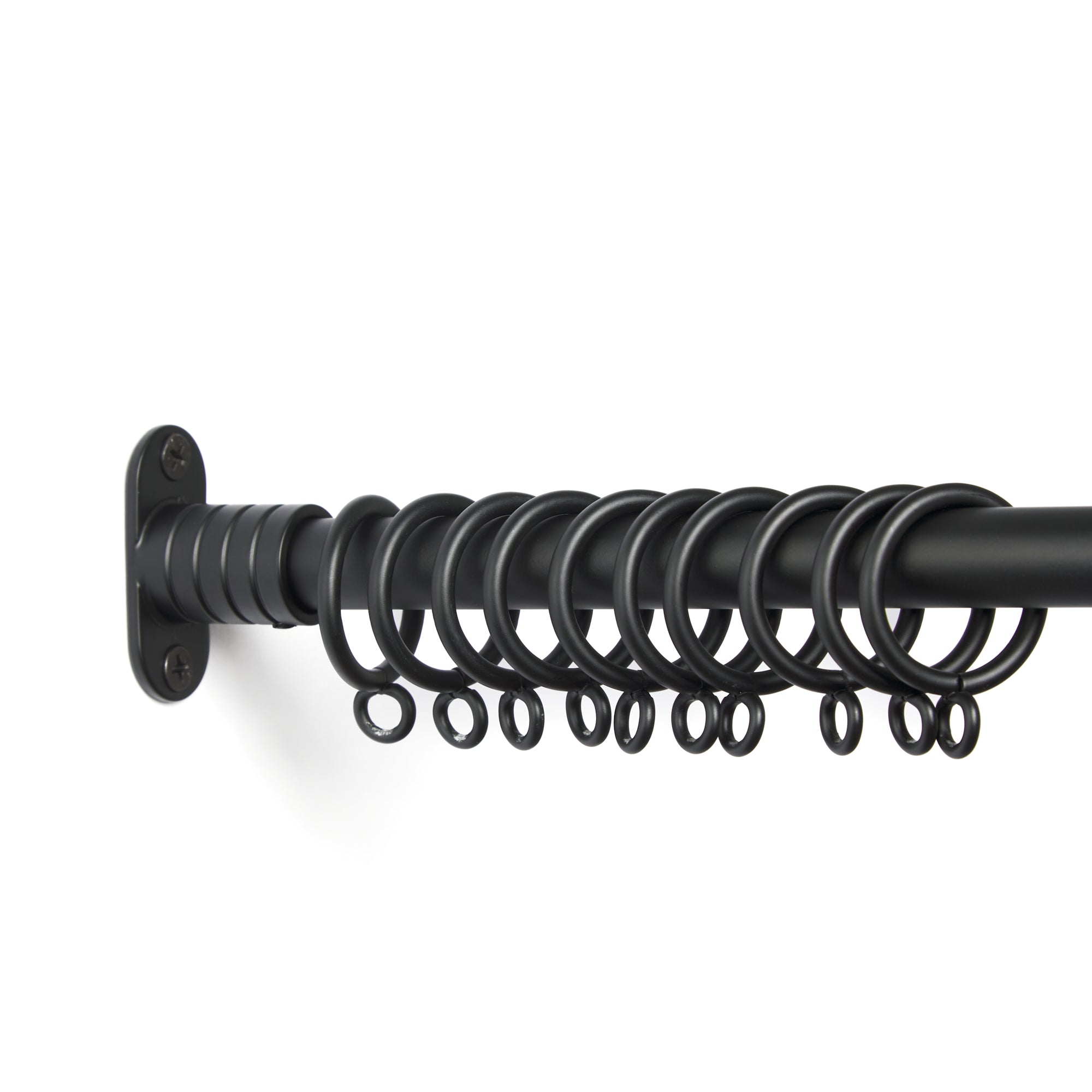 Tonic Living Black café rod rings on café curtain rod with inside mount brackets.