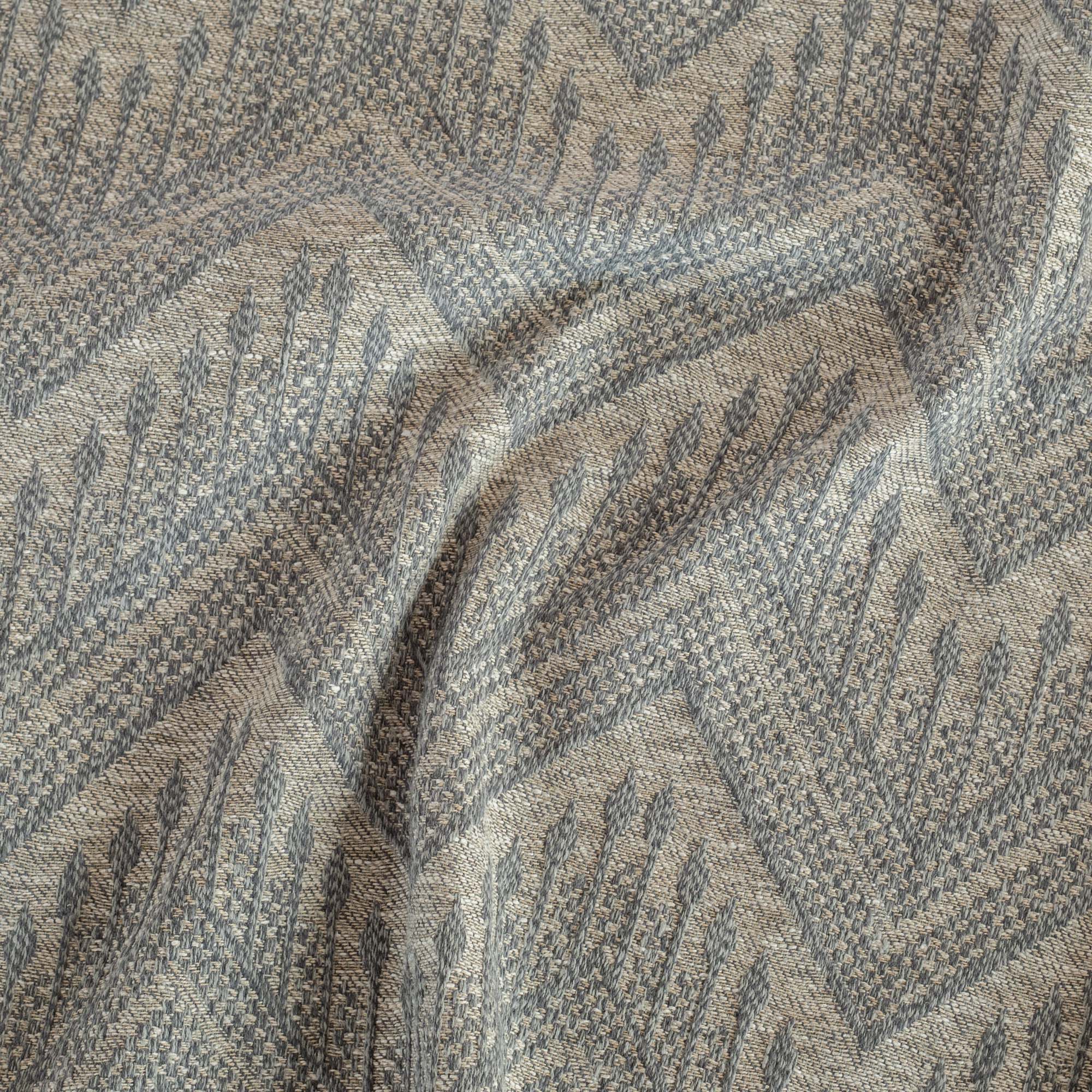 a warm grey and stone blue tapestry woven upholstery fabric : close up view 3