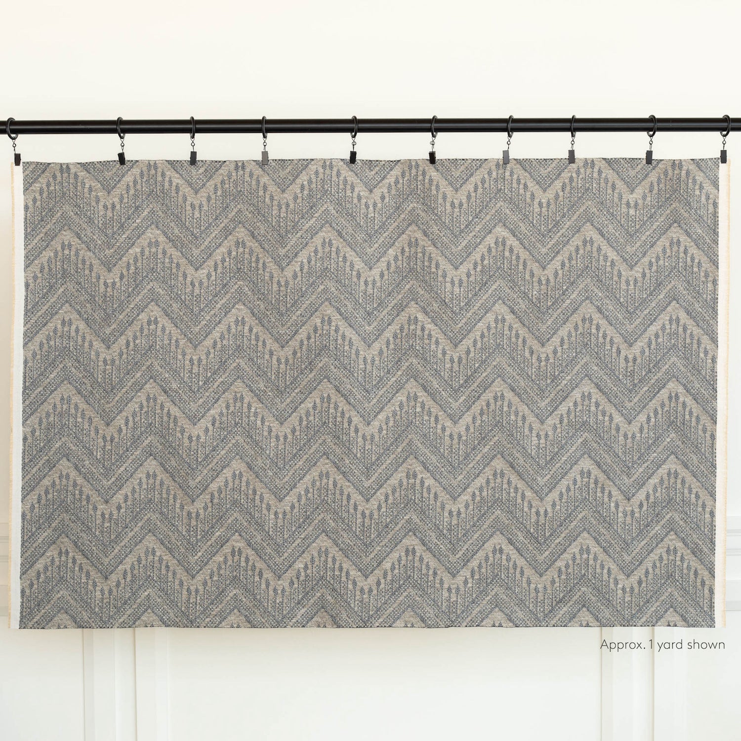 Joyce Fabric Denim, a warm grey and stone blue tapestry woven upholstery fabric : one yard shown