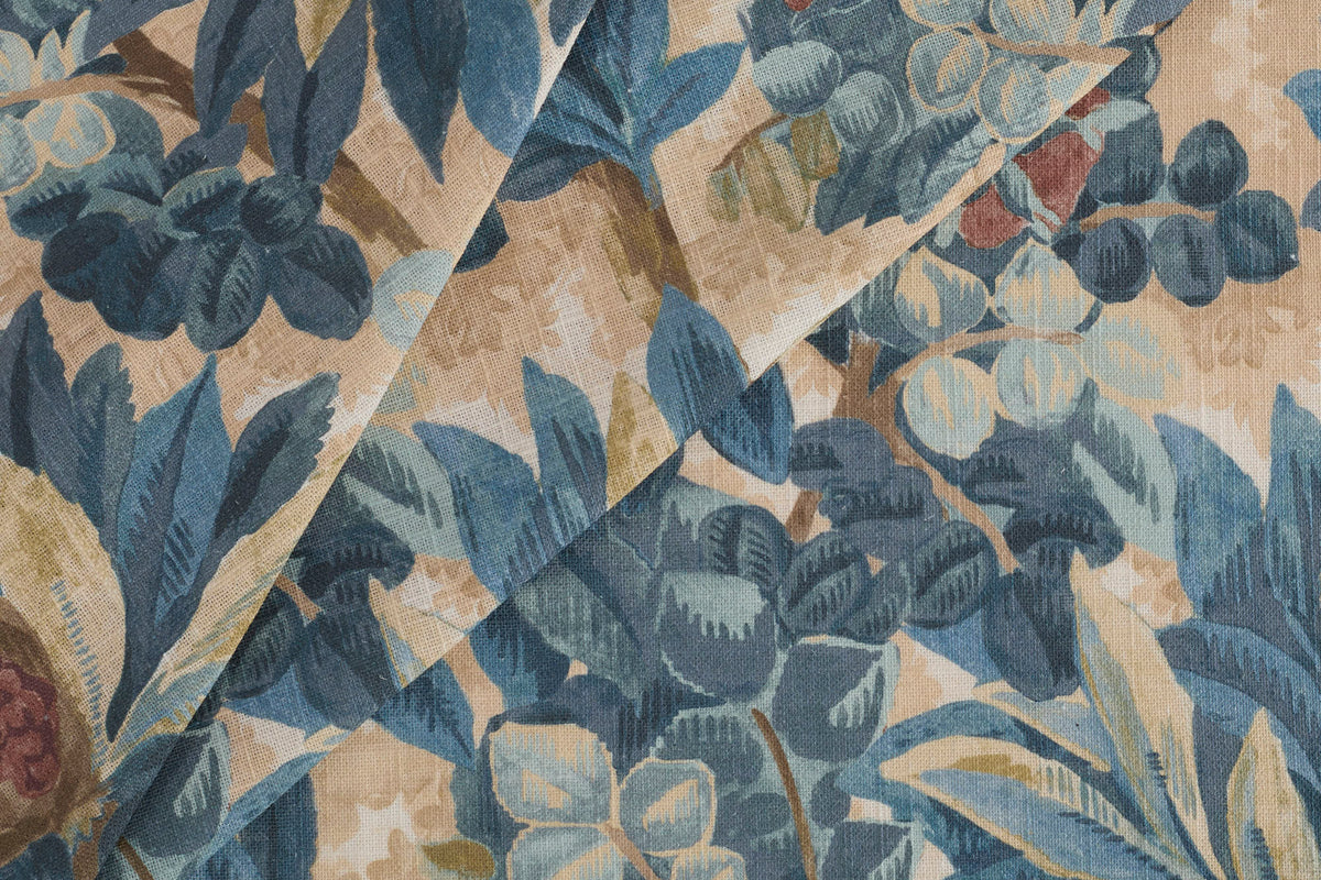 Tonic Living Juno Fabric, Navy — printed linen-blend drapery fabric with a navy blue and earthy botanical floral motif.