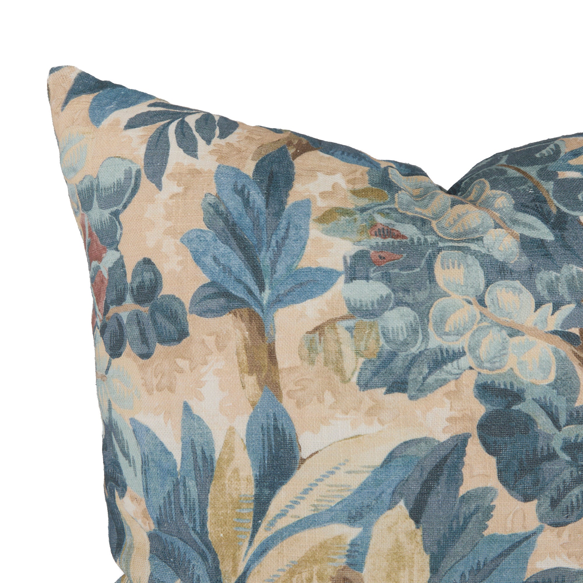 Close-up of Juno Navy throw pillow by Tonic Living — expressive hand-painted floral design with layered blue and warm neutral hues.