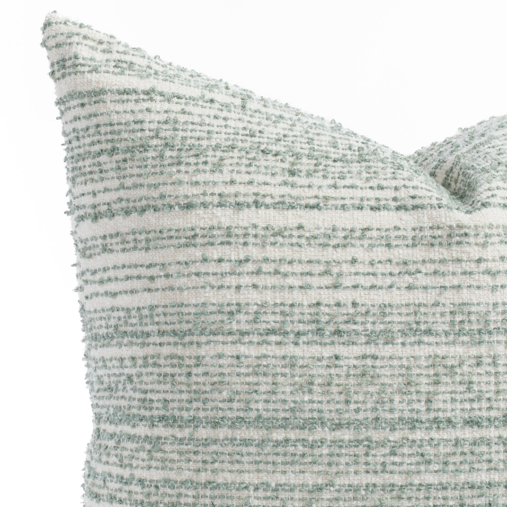 a cream and blue green boucle stripe throw pillow : close up view