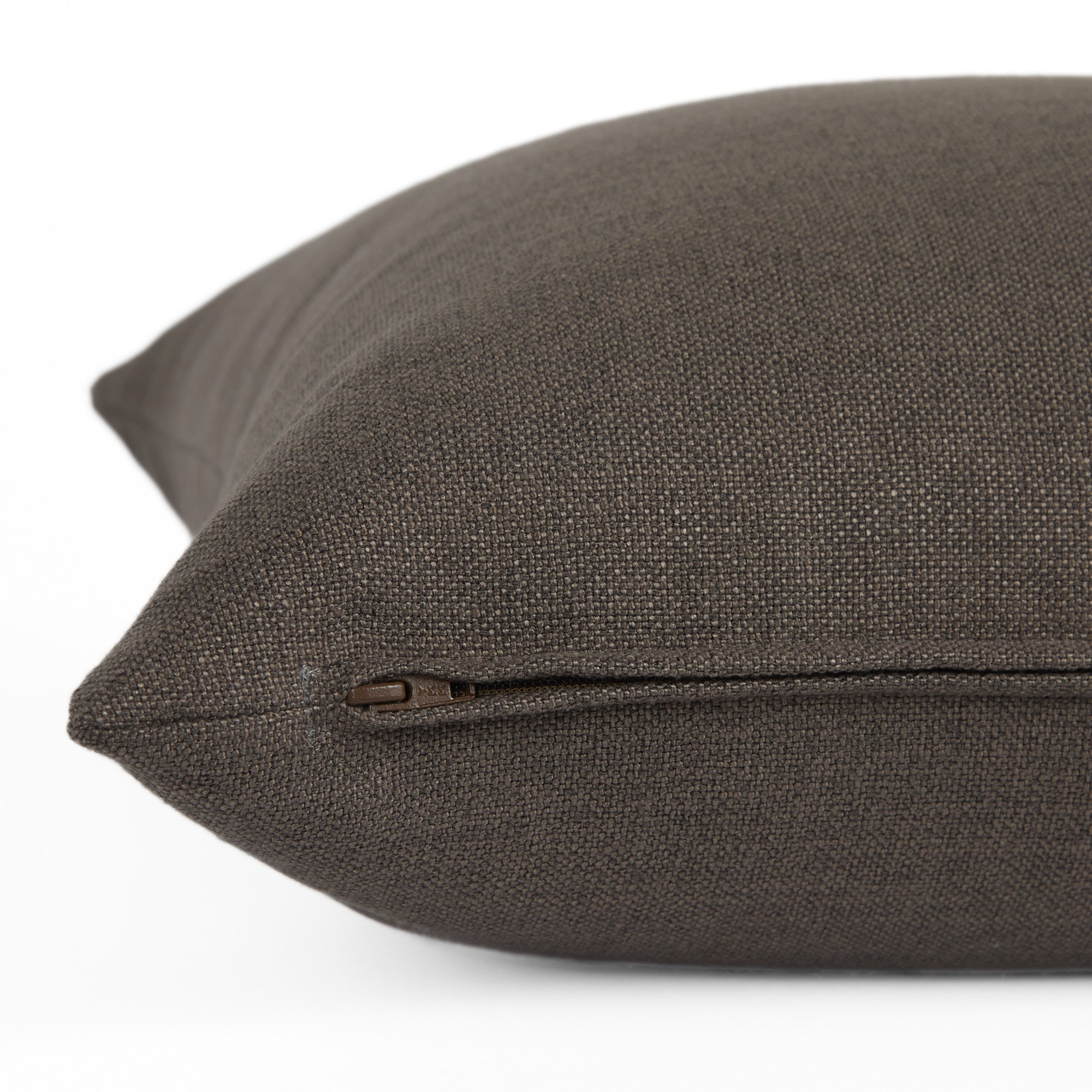 Side zipper detail of Loden 22x22 Pillow, Mink by Tonic Living — decorative cushion in muted brown-grey with a relaxed, textured finish.