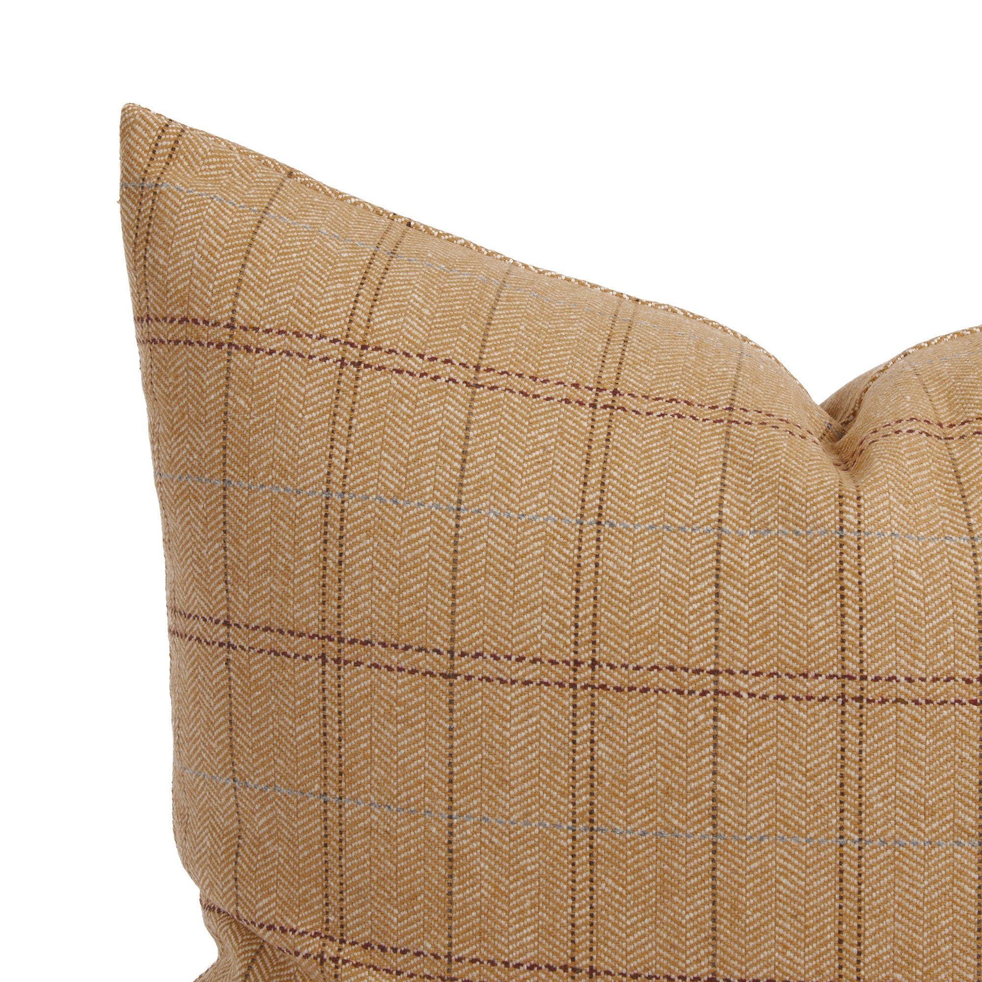 Close up of Tonic Living Lundie Plaid cushion showing caramel tan, blue, and chocolate brown plaid detail.