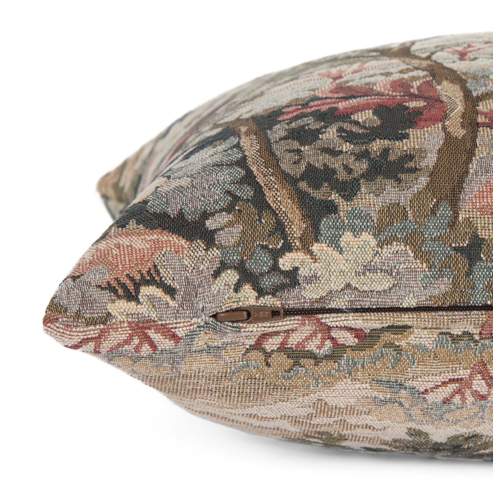 Close-up side zipper view of Manor Tapestry Bolster Pillow, Burgundy by Tonic Living – detailed woven fabric.