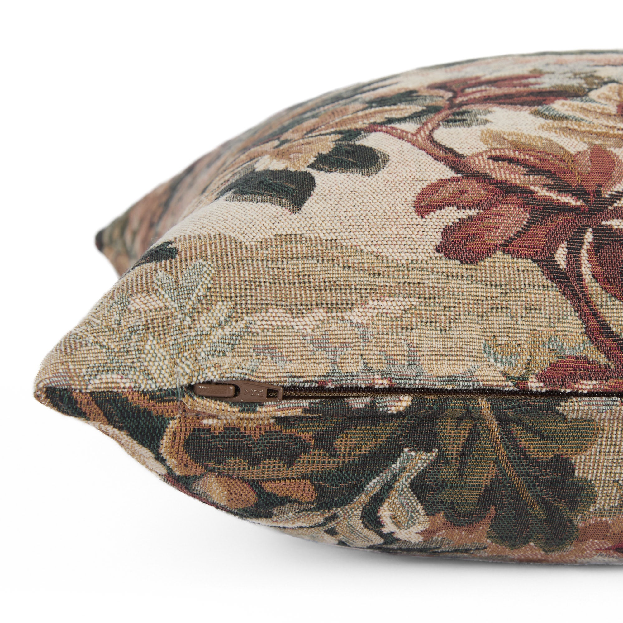 Close-up side zipper view of Manor Tapestry Pillow, Burgundy by Tonic Living – richly woven tapestry fabric.