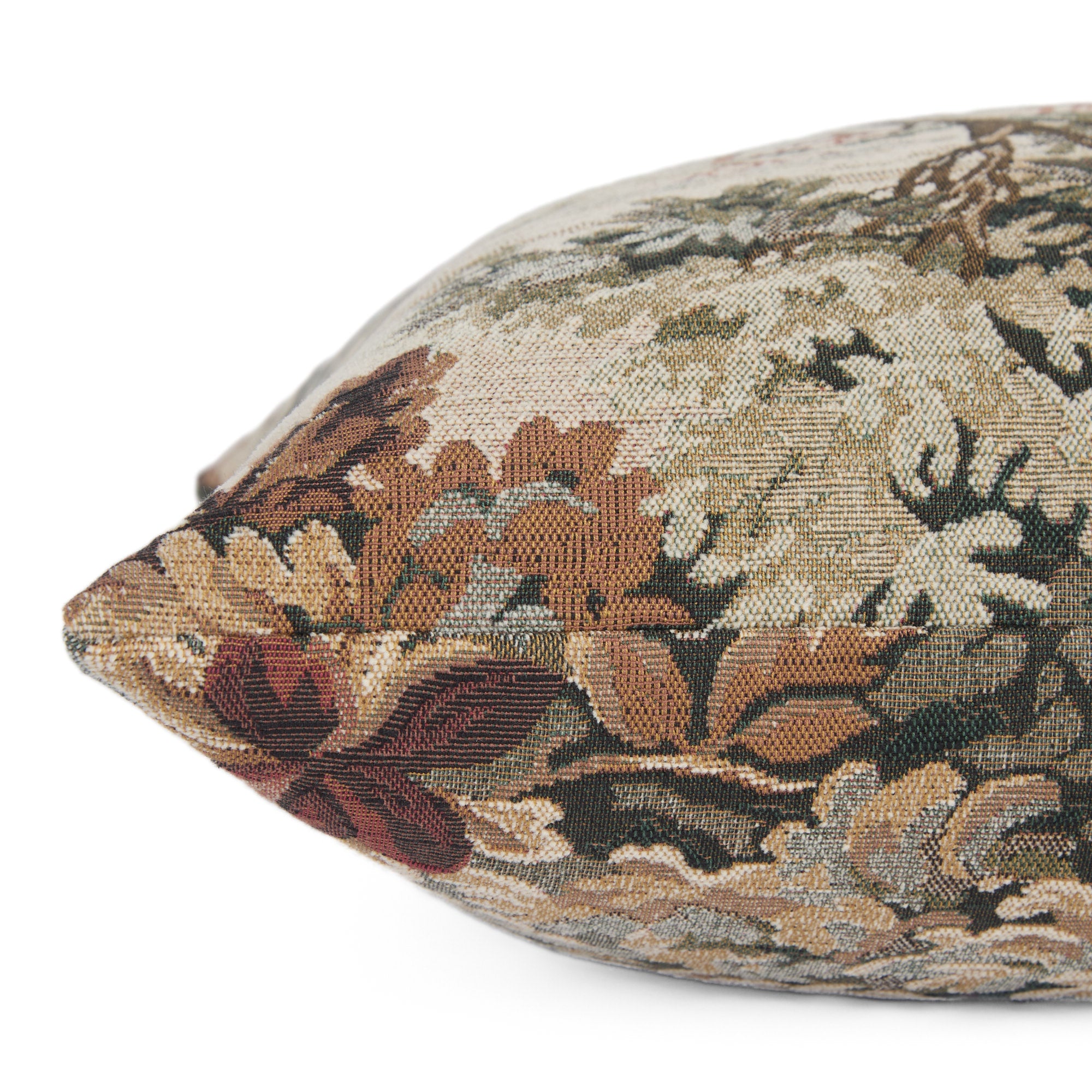 Side view of Manor Tapestry Burgundy Pillow by Tonic Living – decorative tapestry cushion with texture.