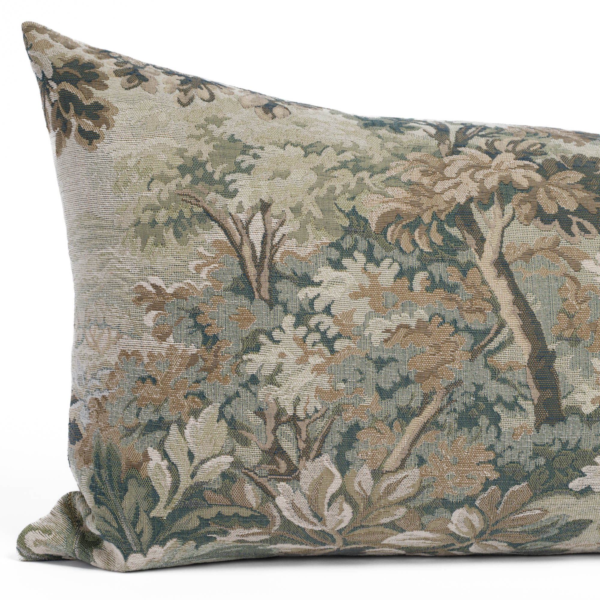 Close up of Manor Tapestry Sage XL lumbar pillow showing intricate woven botanical tapestry detail.